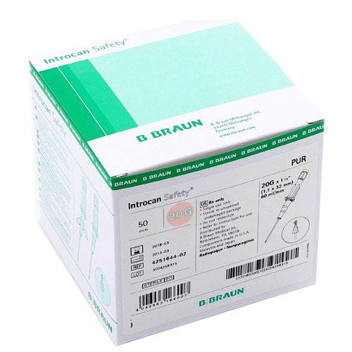 Introcan® Safety IV Catheter 20G x 1 1/4" Straight Polyurethane - 50/Box