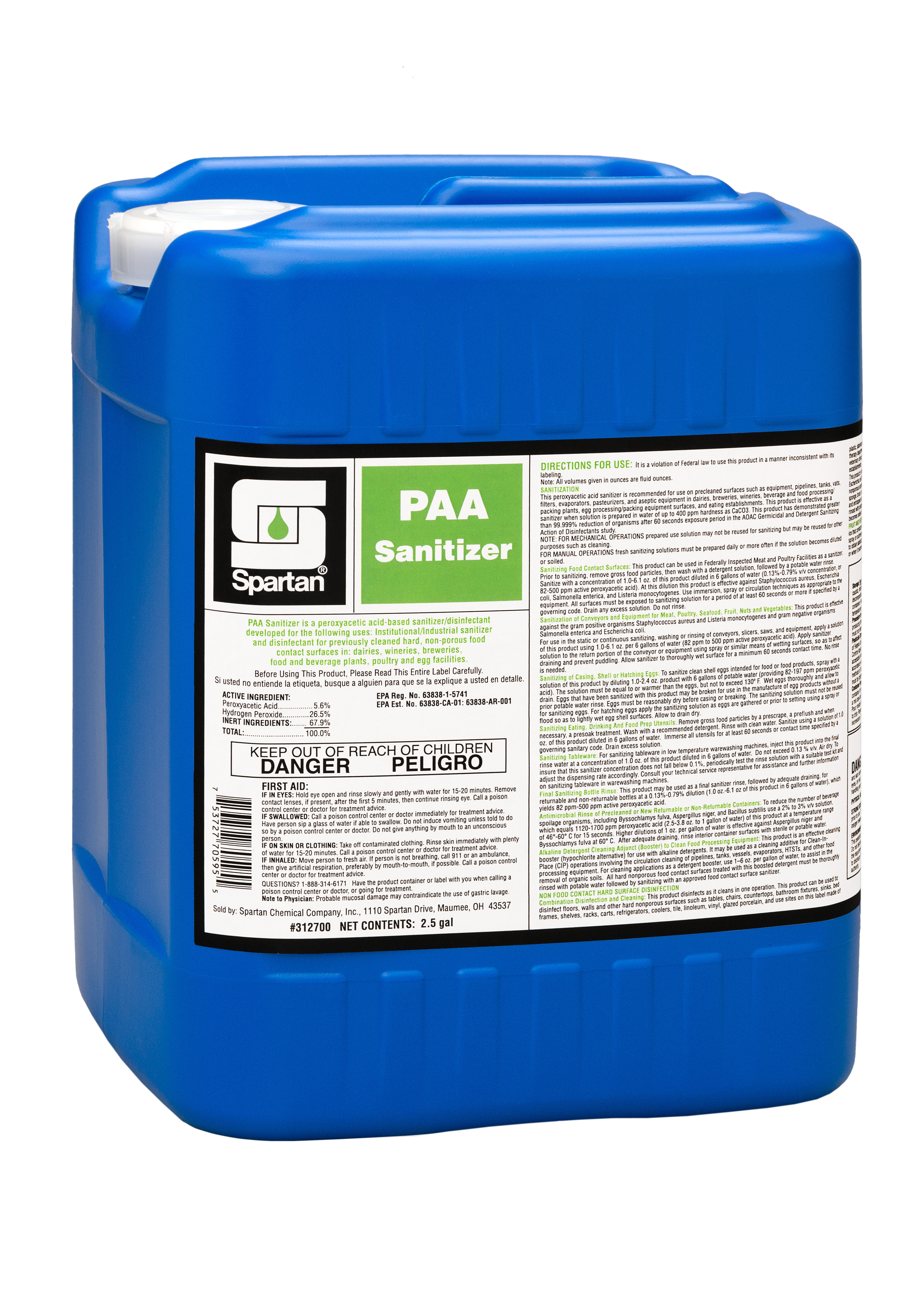 Spartan Chemical Company PAA Sanitizer, 2.5 Gallon
