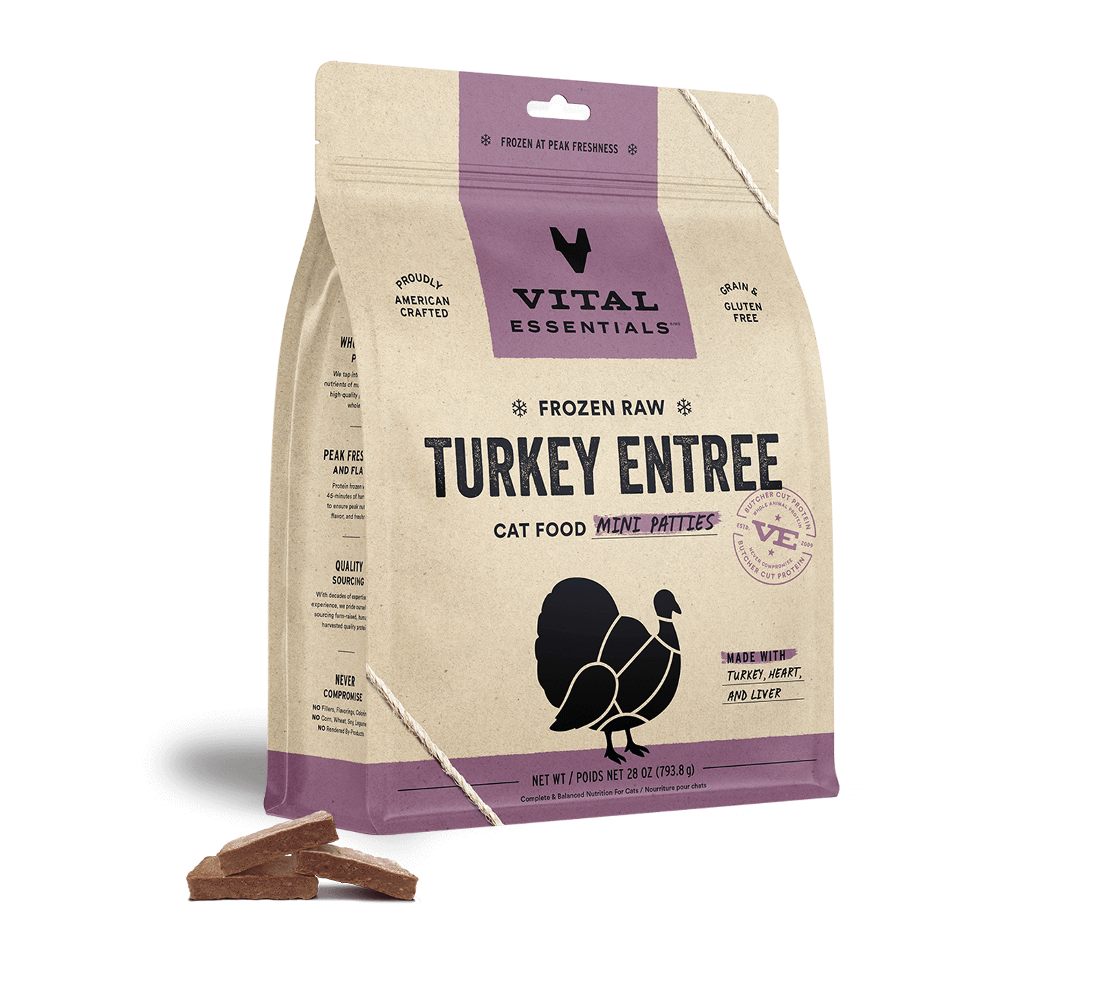 Vital Essentials Frozen Raw Turkey EntrÃ©e Mini Patties Cat Food, 28 oz - Treats