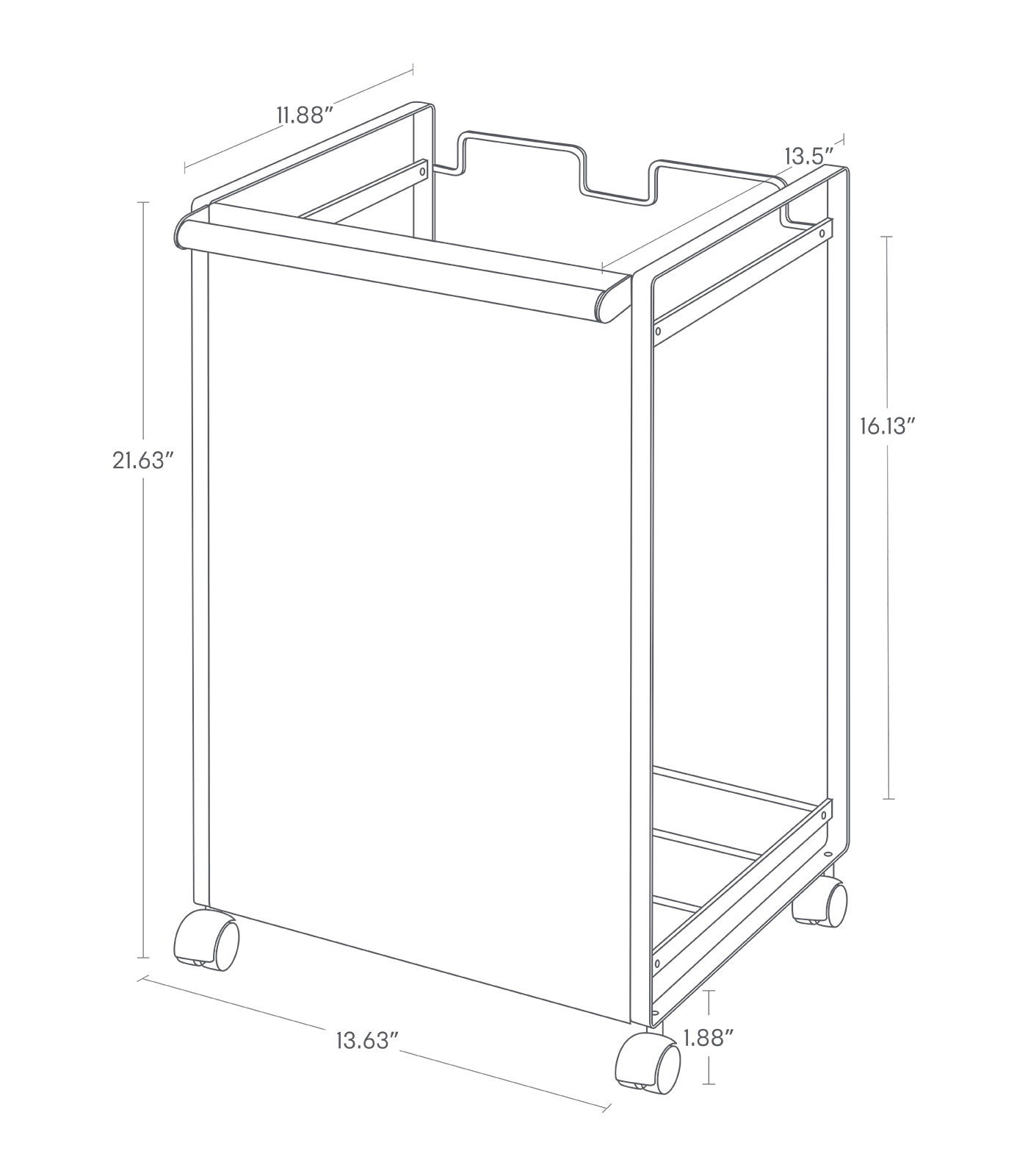 Dimension image for Rolling Trash Sorter on a white background including dimensions  L 13.58 x W 14.17 x H 21.65 inches