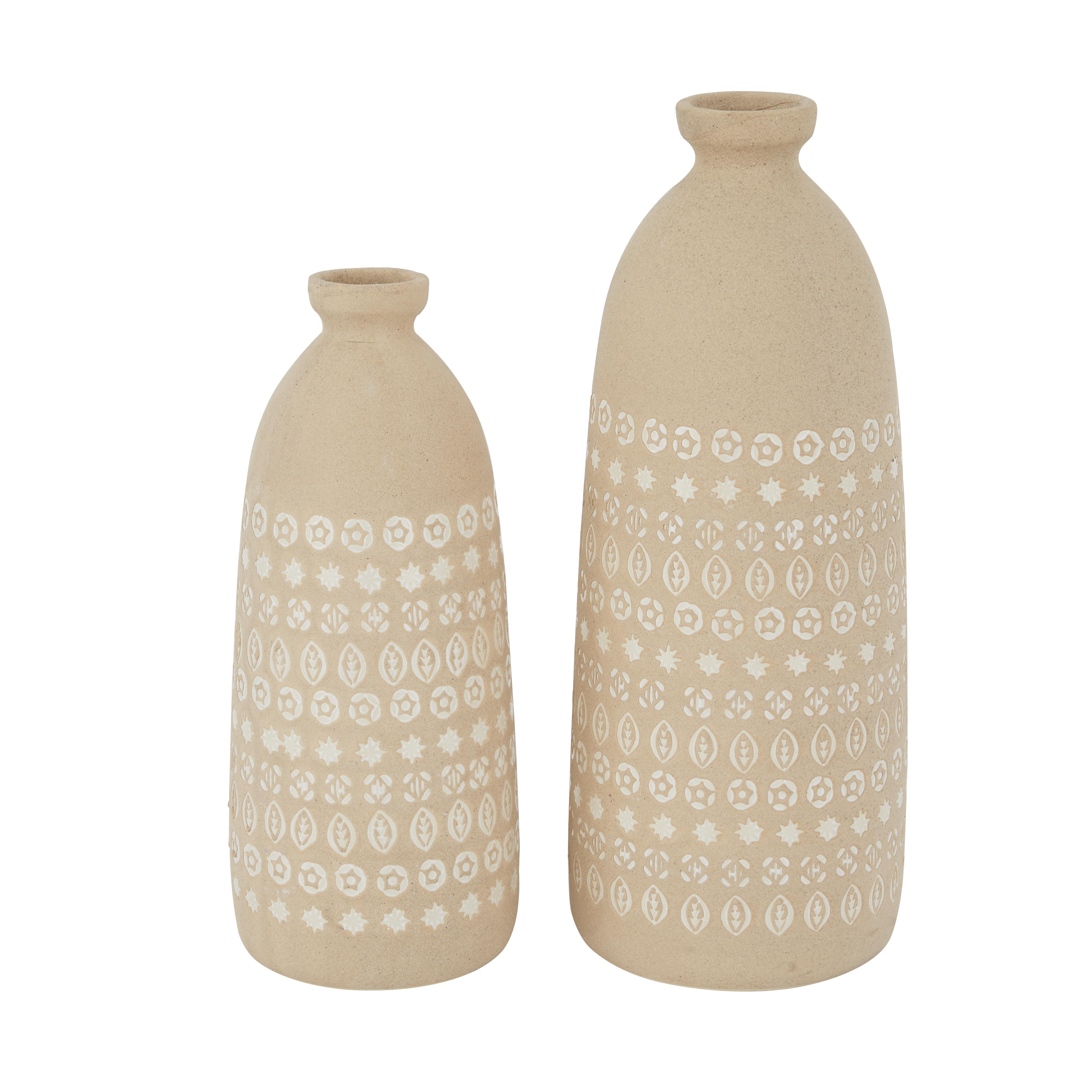 (4 pack))Beige Ceramic  Handmade Decorative Vase with Star Patterns, Set of 2 15\", 12\"H