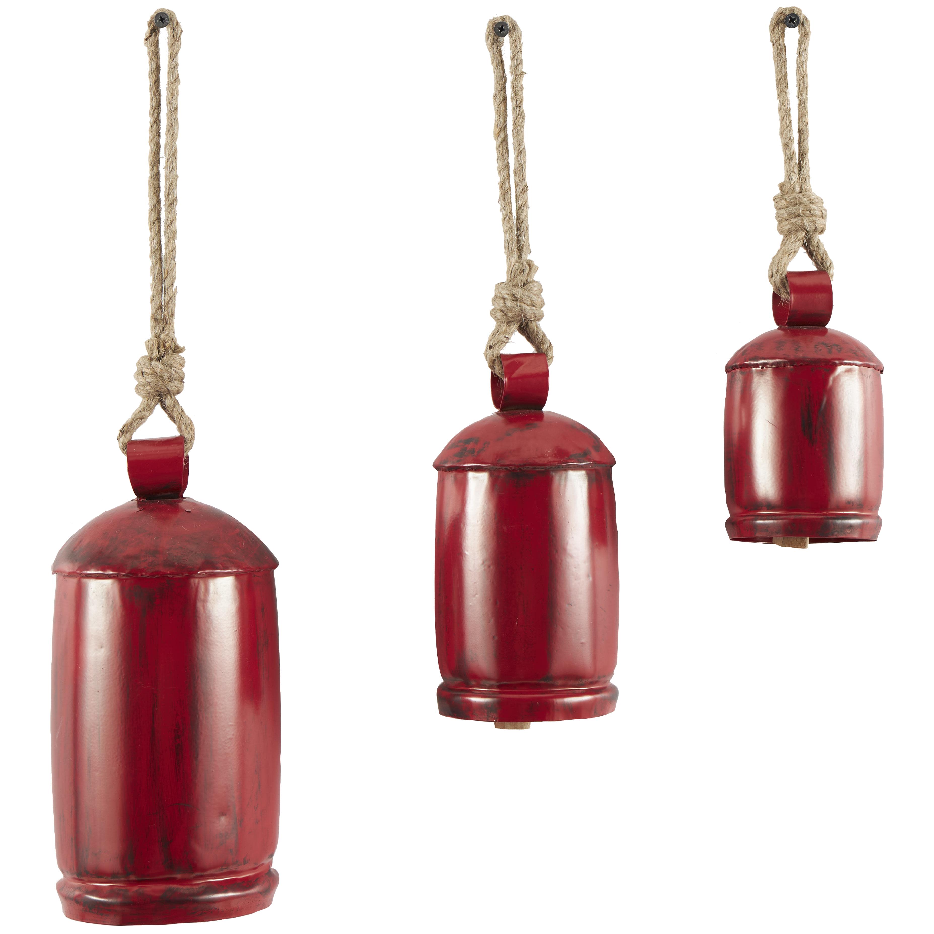 Red Metal  Tibetan Inspired Indoor Outdoor Decorative Cow Bells with Jute Hanging Rope, Set of 3 10",8",6"H