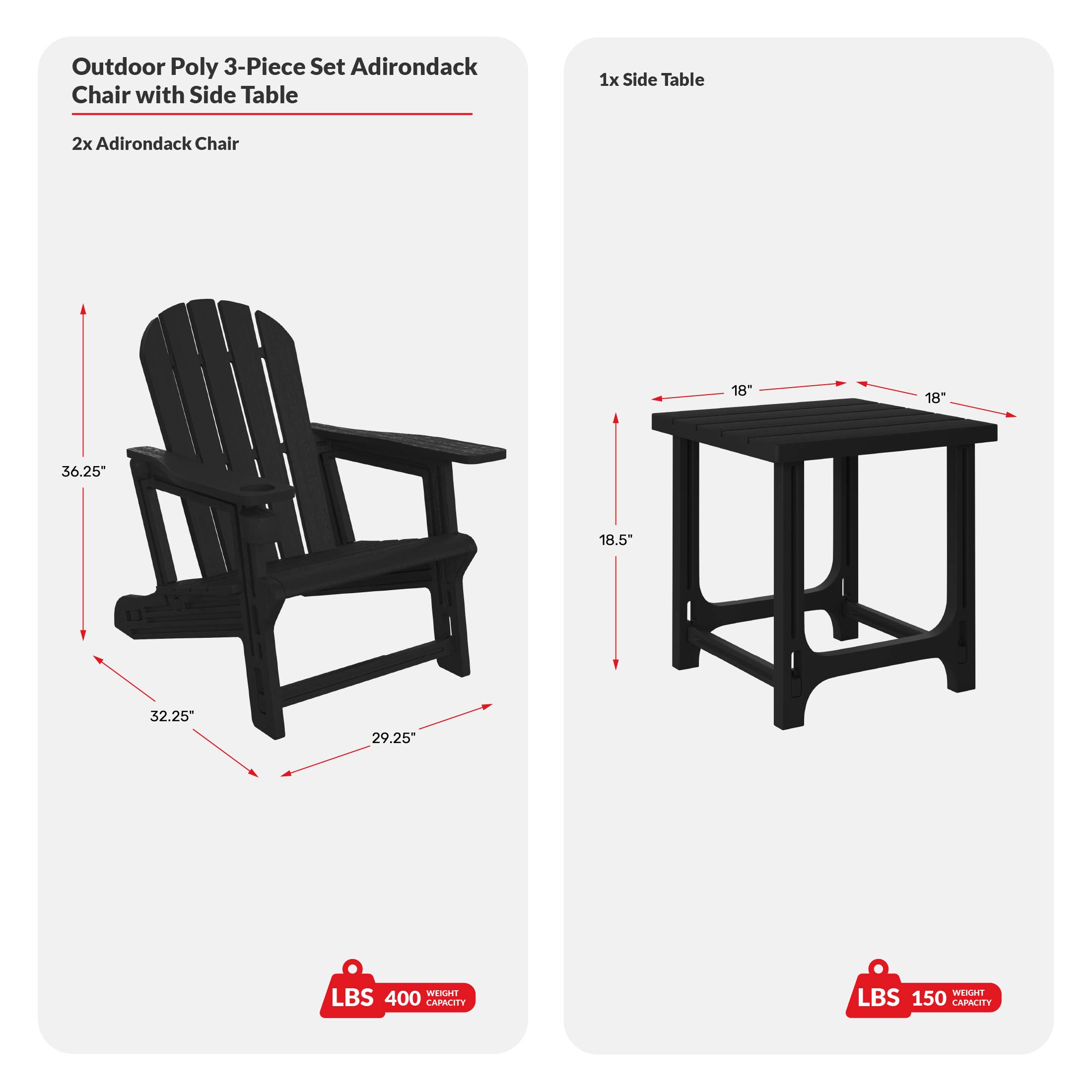 3-Piece HDPE Plastic Adirondack Patio Chairs With 18