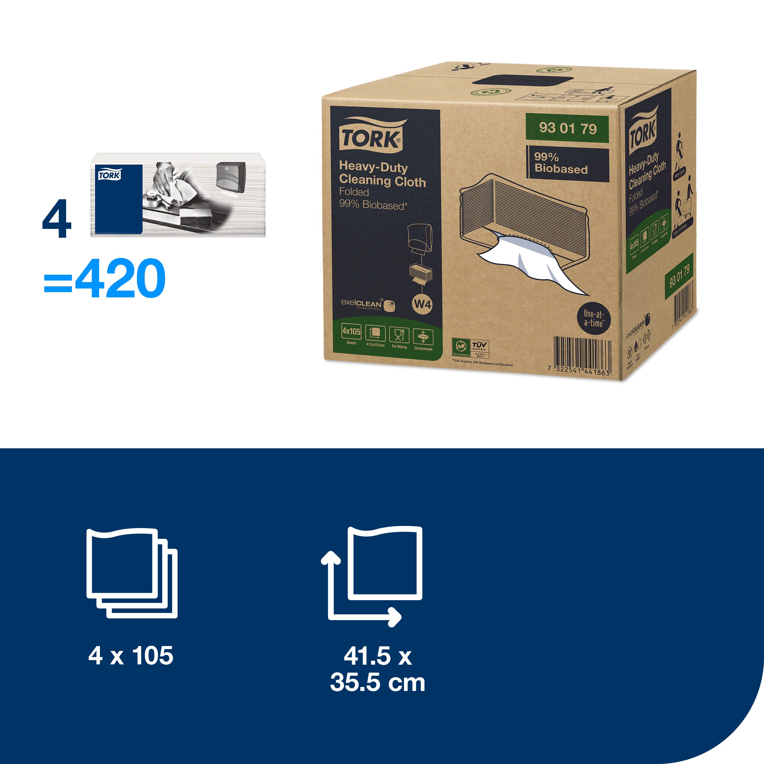 Aftørringsklud, Industri, Biobaseret, Hvid, 420 klude, Tork exelCLEAN W4