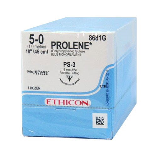 PROLENE® Polypropylene Blue Monofilament Sutures, 5-0, PS-3, Precision Point-Reverse Cutting, 18" - 12/Box