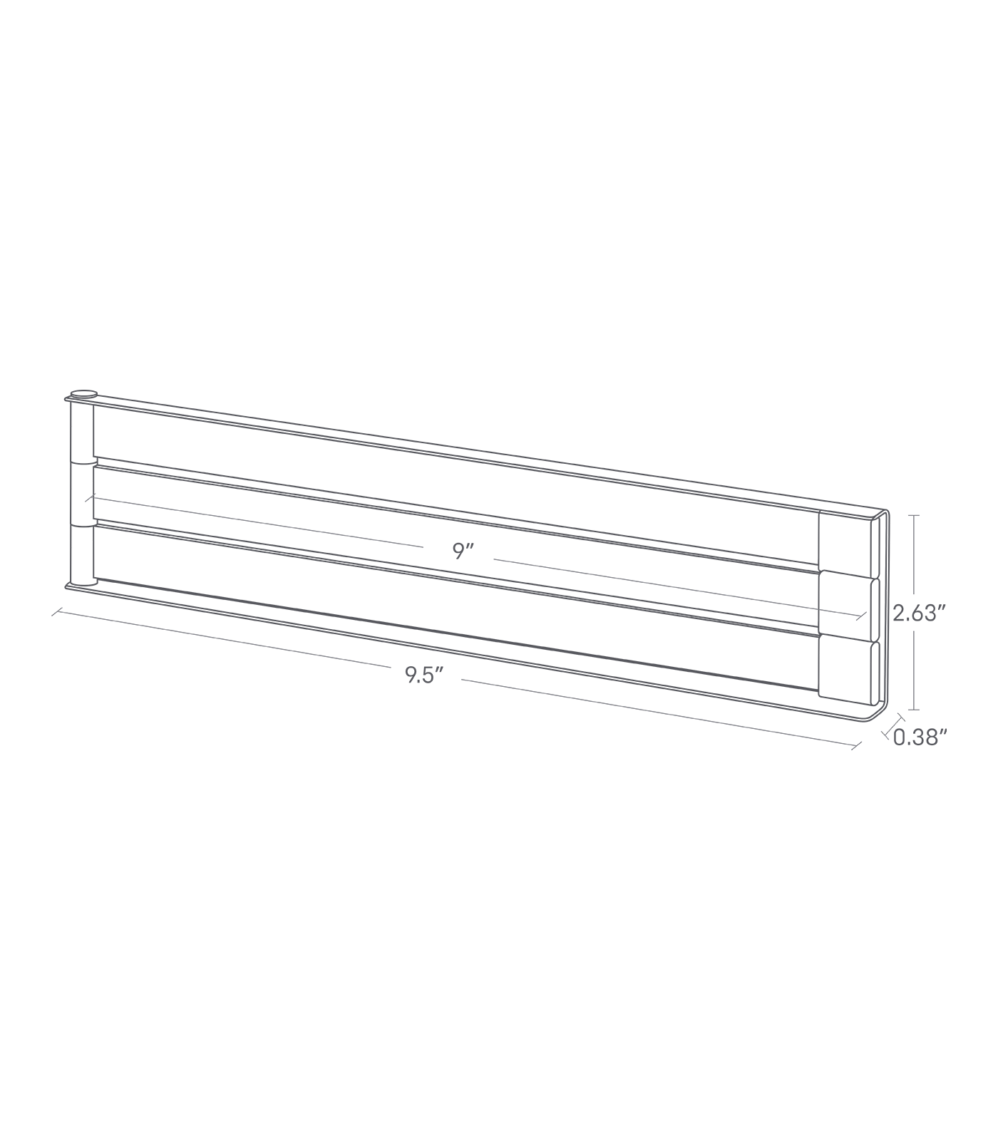 Dimension image of Magnetic Dish Towel Rack with a width of 9.5", height of 2.63", and depth of 0.38". Each rod is 9" wide.