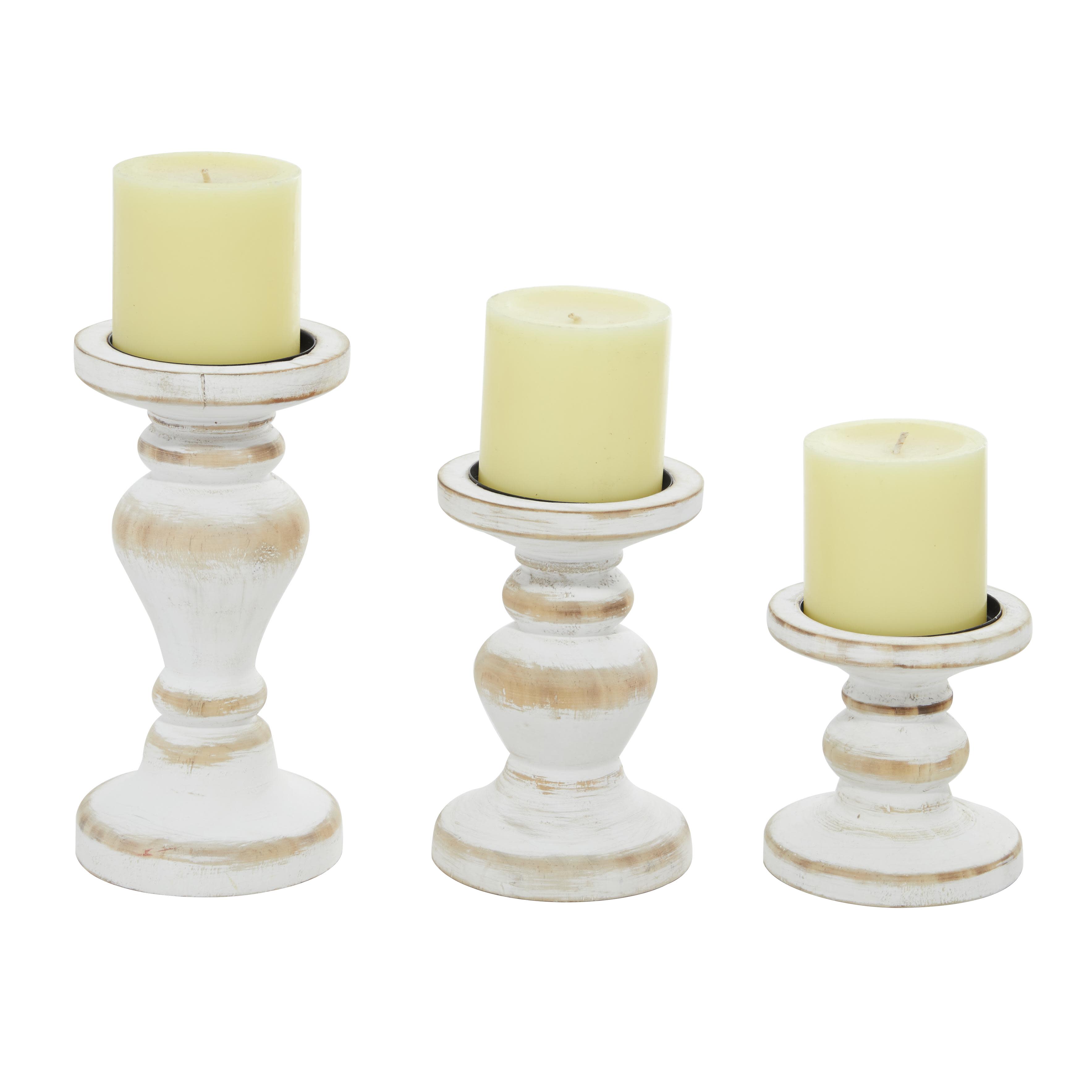 White Wood  Short Distressed Turned Decorative Candle Holder, Set of 3 8\", 6\", 4\"H(6sets)