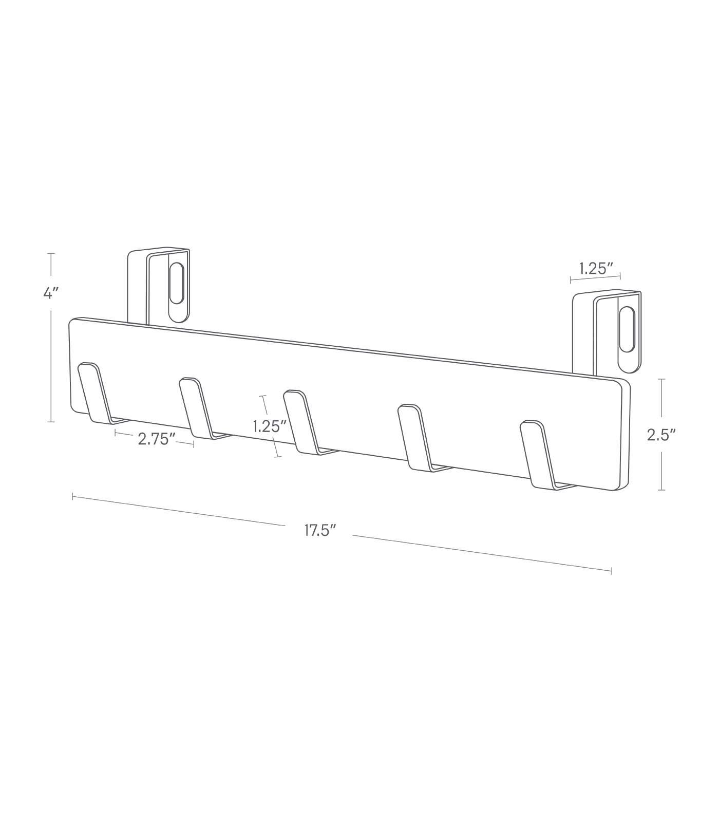 Dimenision image for Over-the-Door Rackon a white background showing total width of 17.5", height of 4". The top hook where you hook on a door shows length of 1.25". The bottom hooks where you hook your clothes shows height of 1.25". Between the bottom hook shows 2.75".