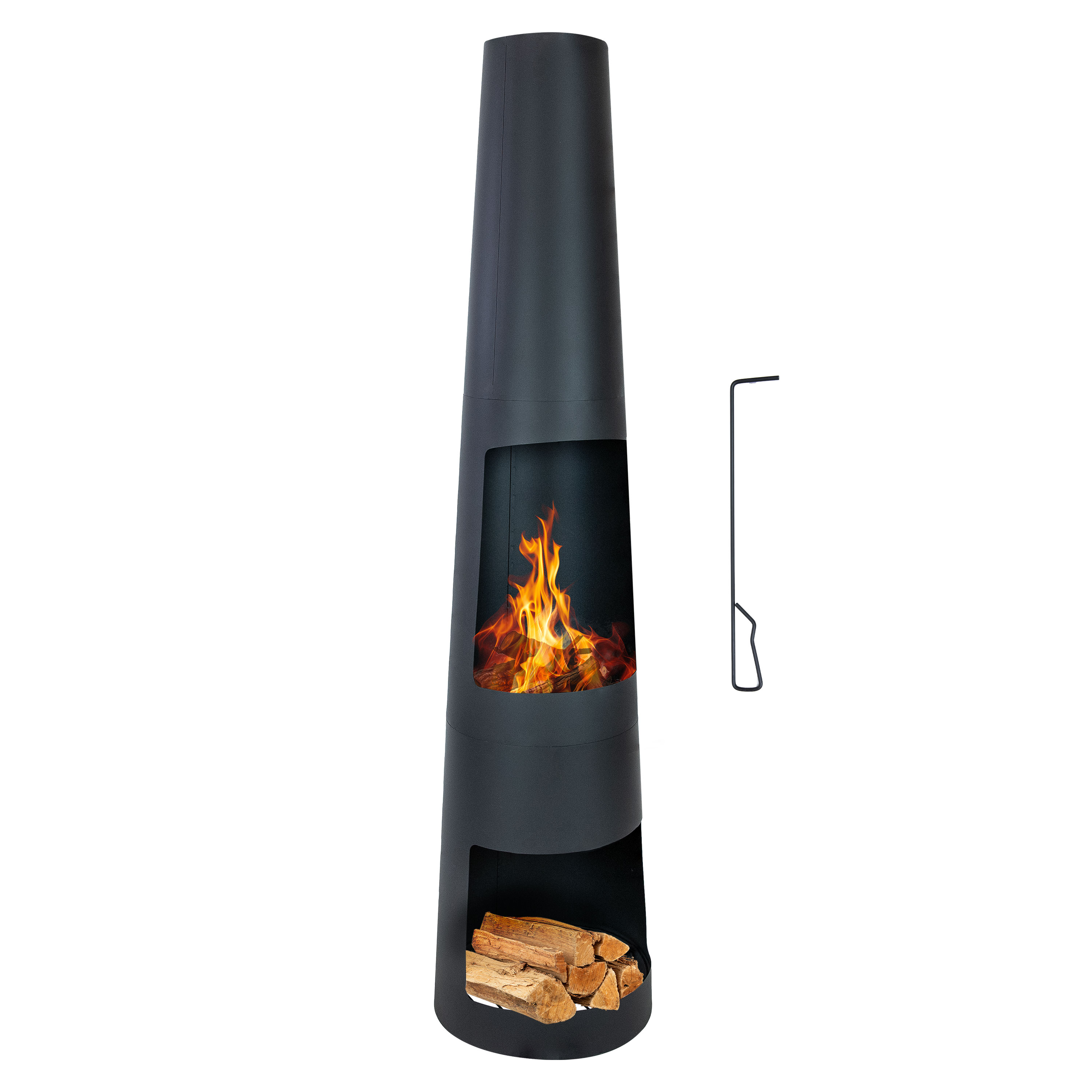 Black Steel Chiminea with Built-In Log Holder - 59" (1.5 m) H