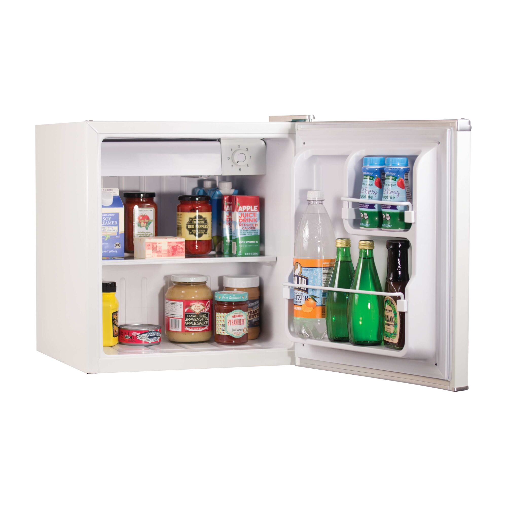 Left profile of 1.7 cubic feet energy star refrigerator with freezer.