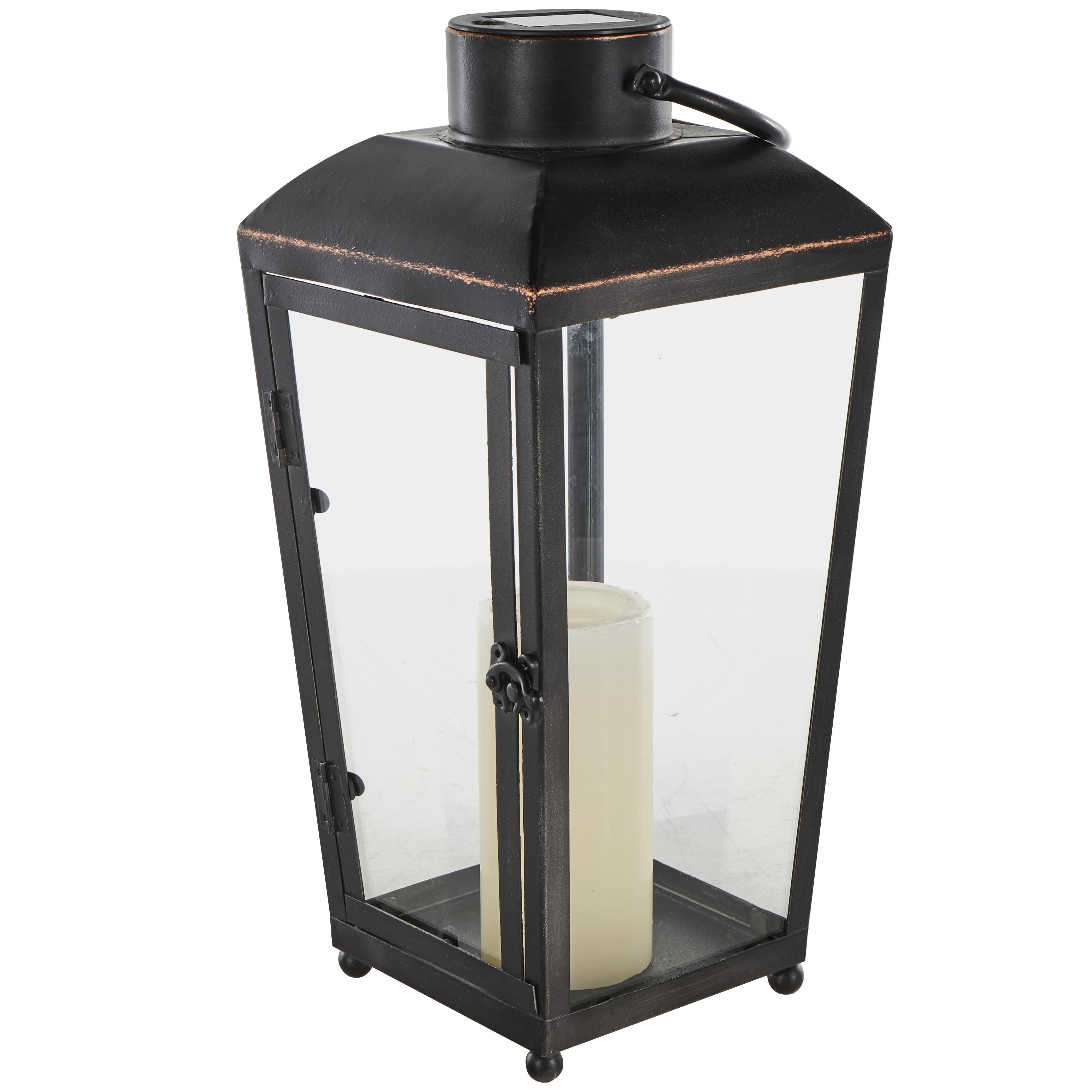 Black Metal  Modern Indoor Outdoor Candle Lantern with Gold Accents, 7" x 8" x 16"
