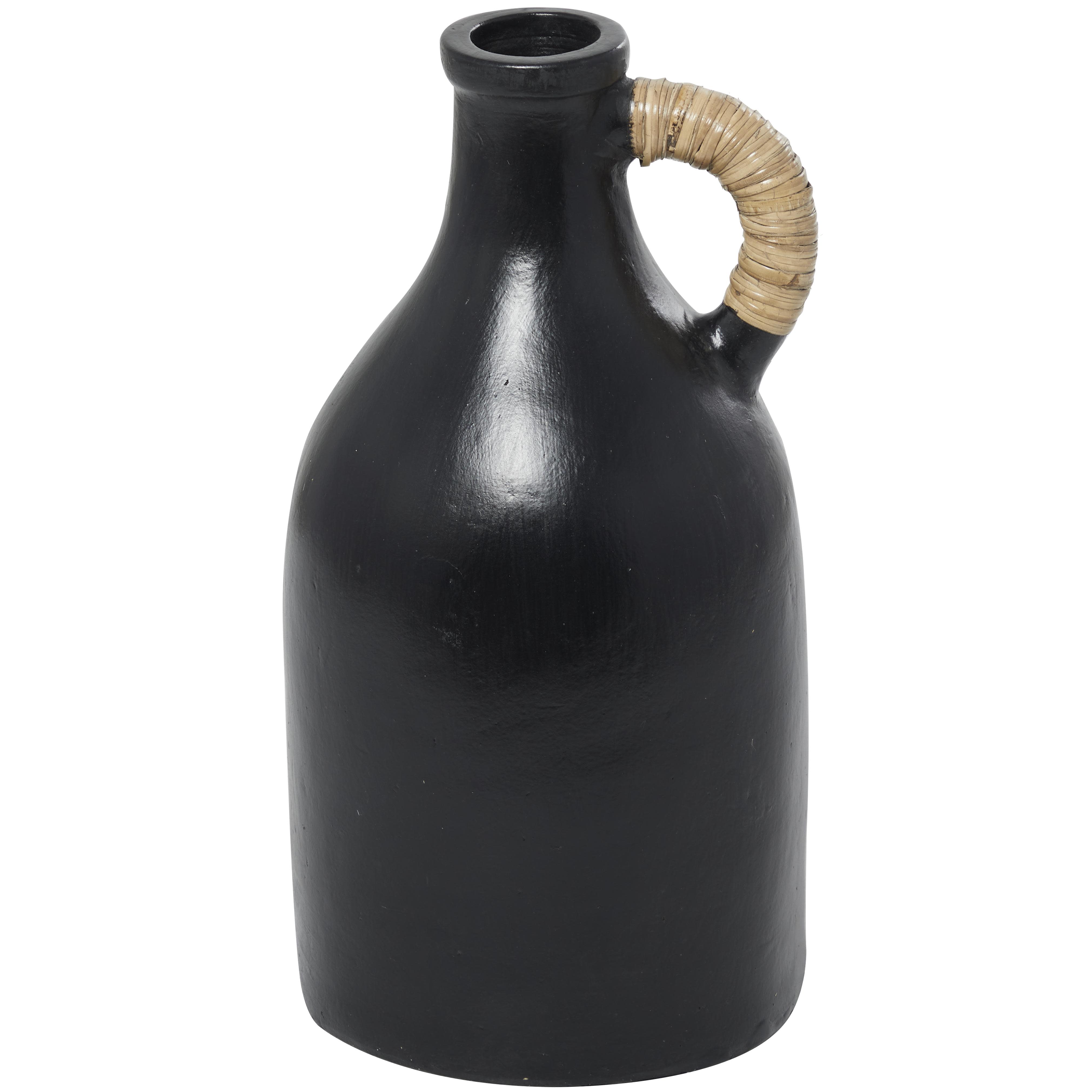 Black Ceramic  Jug Inspired Decorative Vase with Rattan Wrapped Handle, 10" x 10" x 18"