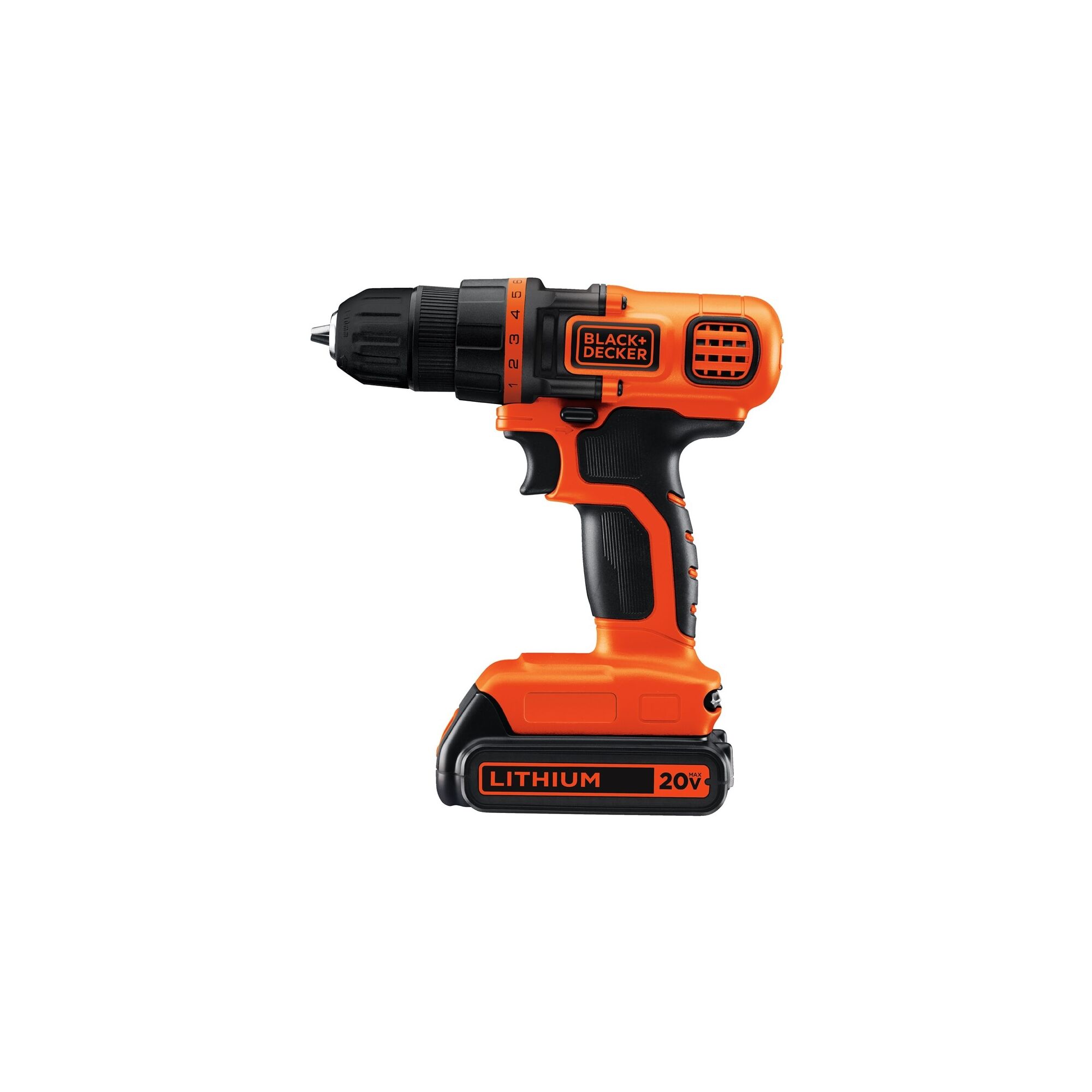 Profile picture of drill with battery.  Drill is oriented to the left.