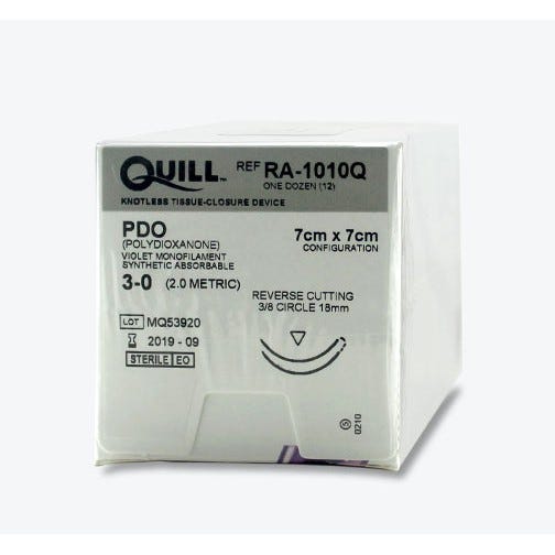 Quill™ PDO  Violet Monofilament Sutures, 3-0, 18mm 3/8 Circle, Reverse Cutting, 7cm x 7cm Barb Configuration -12/Box