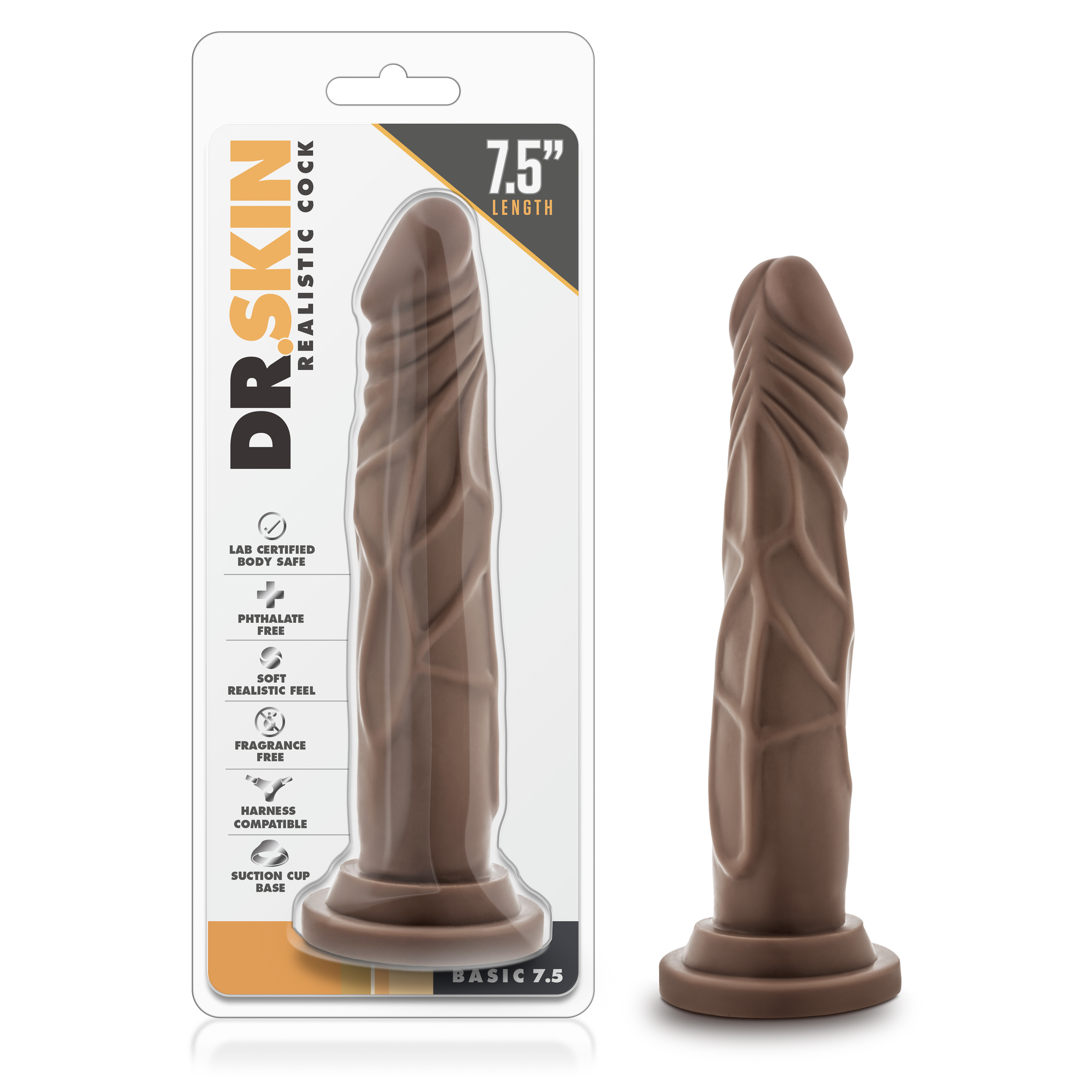 Blush Dr. Skin Realistic Cock Realistic Chocolate 7.5-Inch Long Dildo With Suction Cup Base