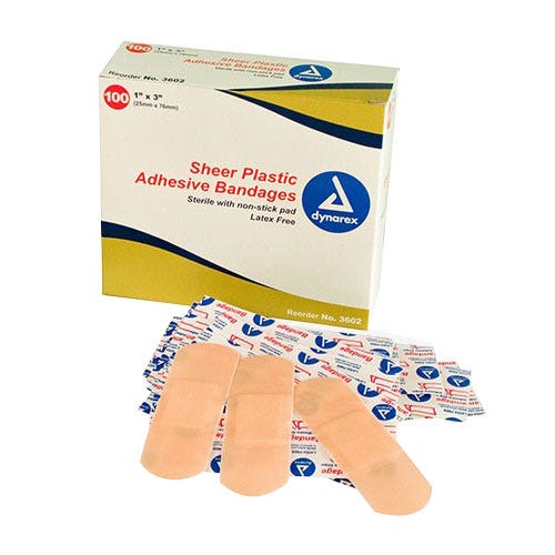 Sheer Plastic Adhesive Bandages, 1" x 3", Latex-Free, - 100/Box