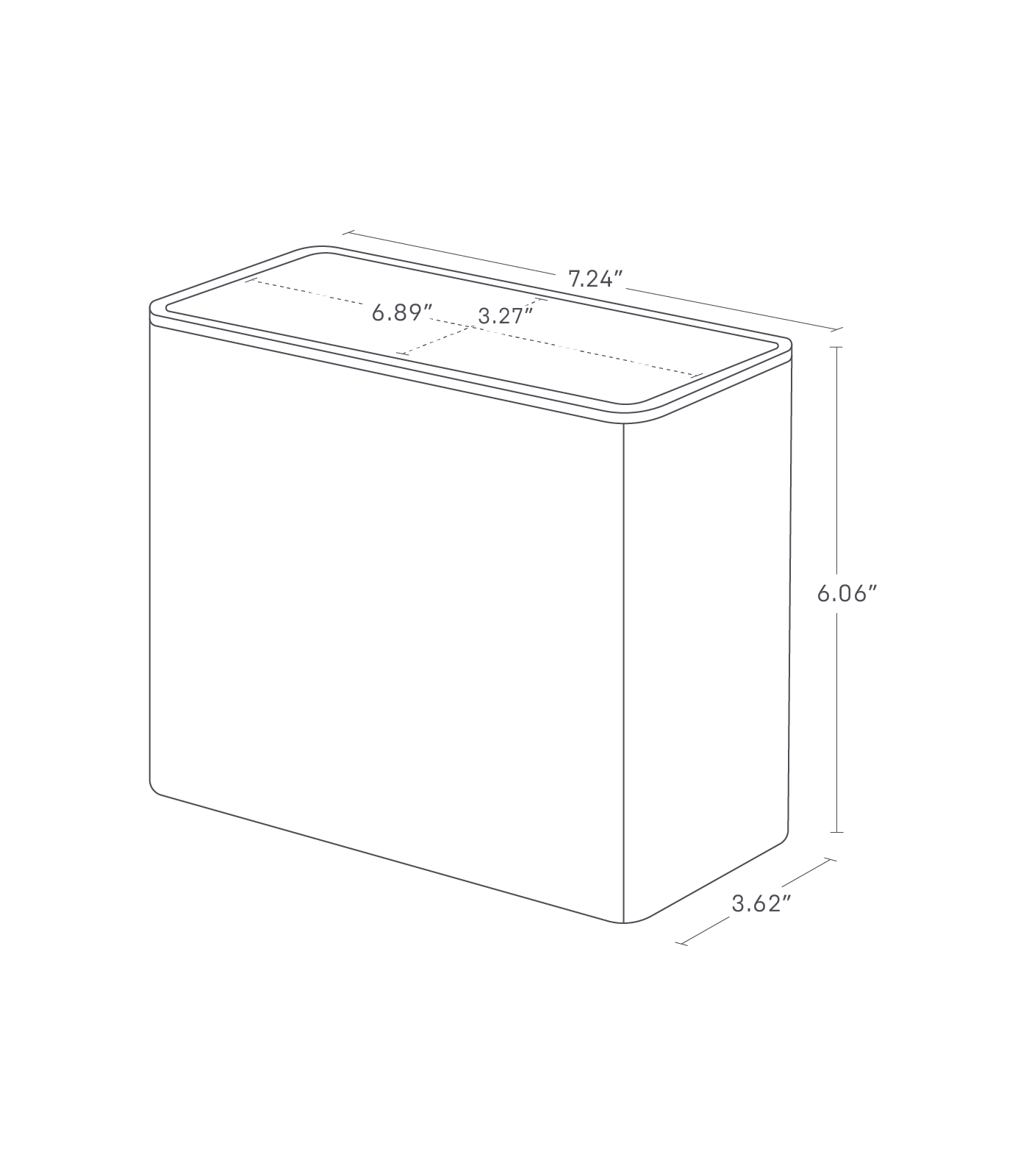 Dimenision image for Coffee Filter Caseon a white background showing total width of 7.24", length of 3.62", height of 6.06". The lid of the item shows width of 6.89", length of 3.27".