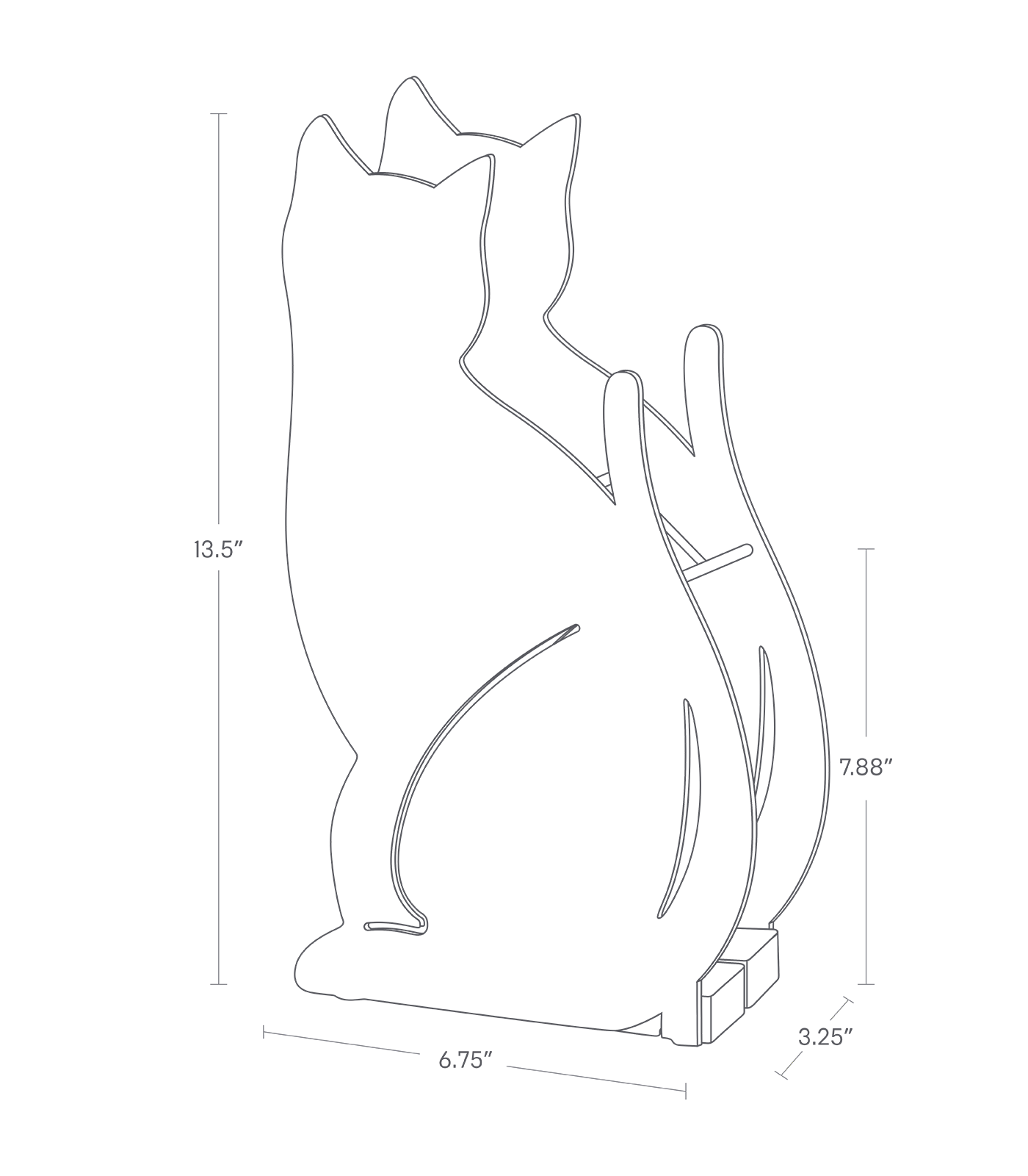 Dimension image for Cat Umbrella Stand showing a total length of 6.75", width of 3.25" and height of 13.5". Height from bottom to umbrella rungs is 7.88".