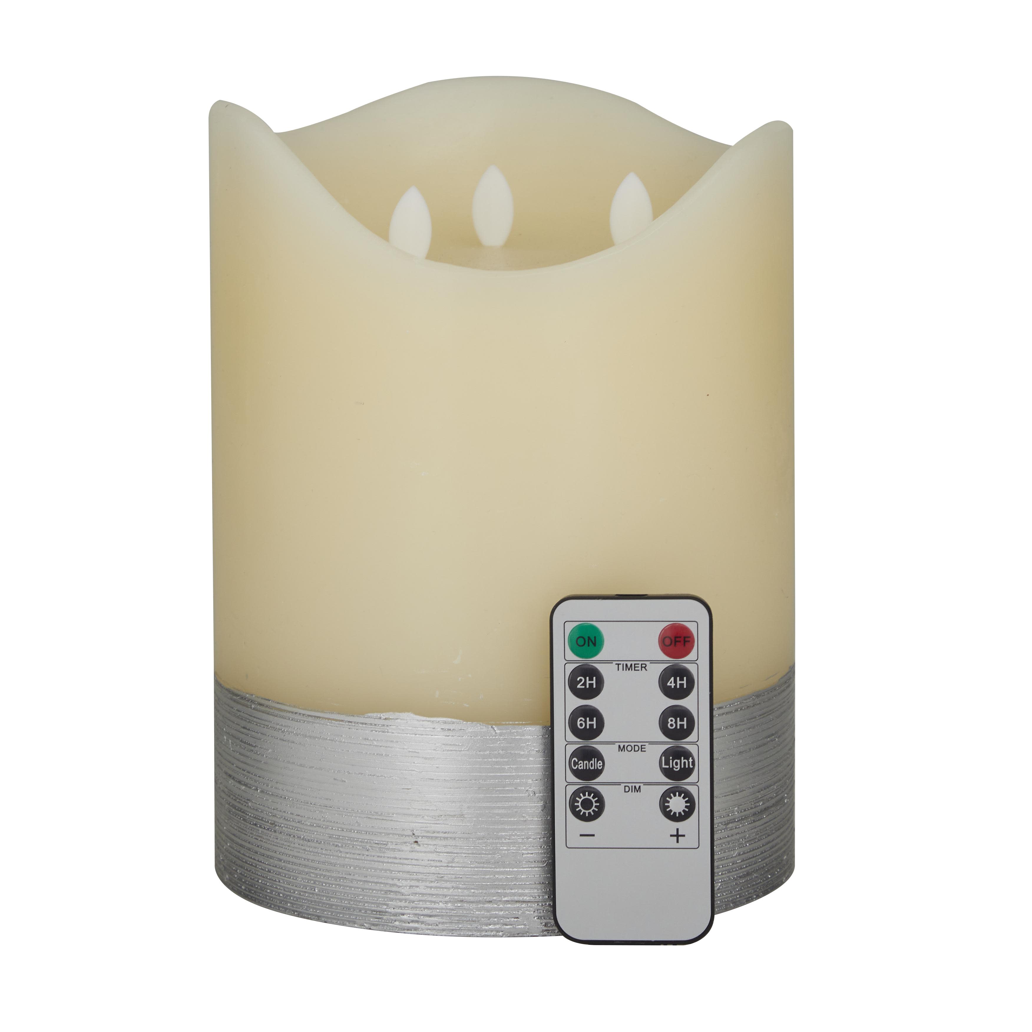 Cream Wax  Silver Base Flameless Candle with Remote Control, 6" x 6" x 8"