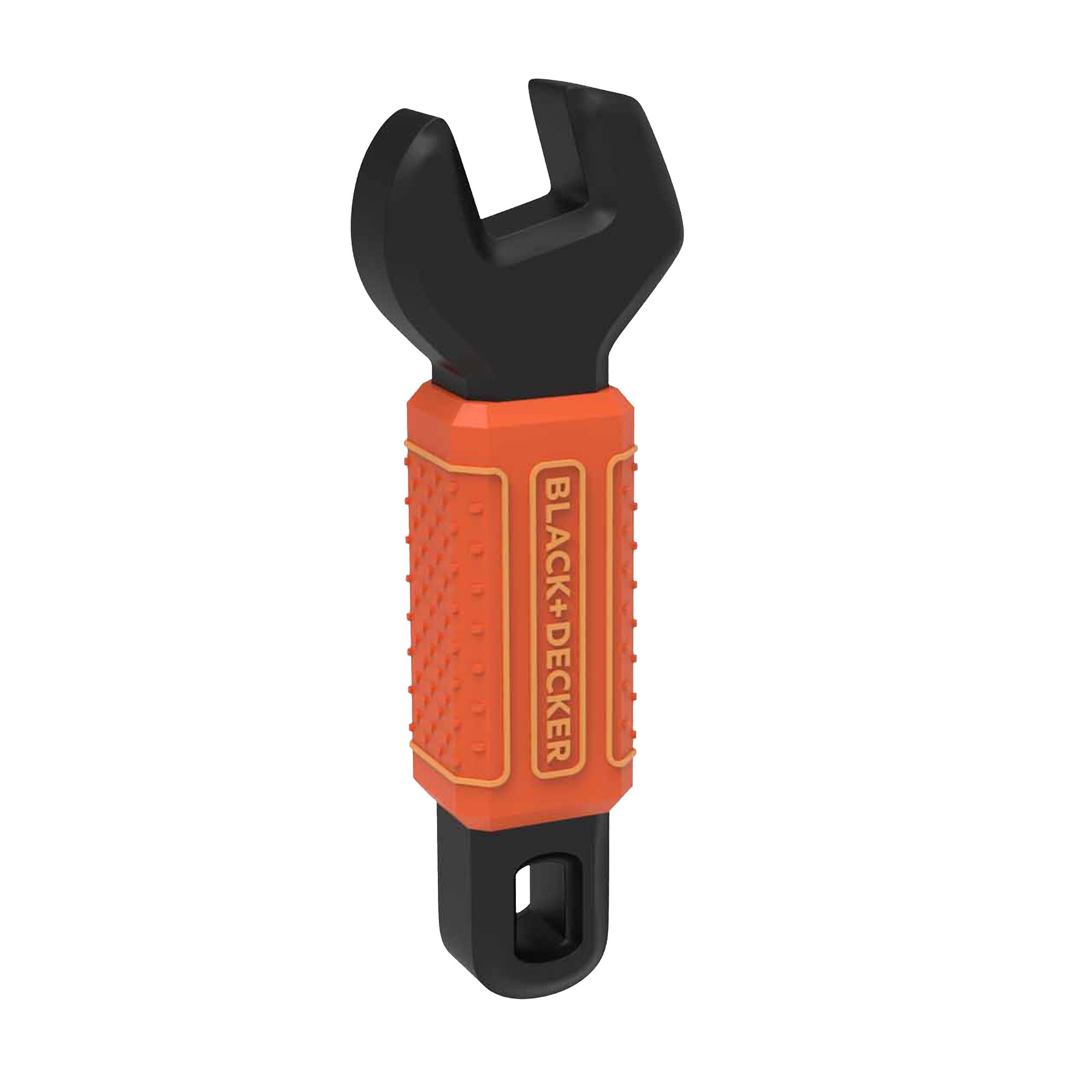 BLACK+DECKER orange and black colored hard rubber dog toy in shape of a wrench