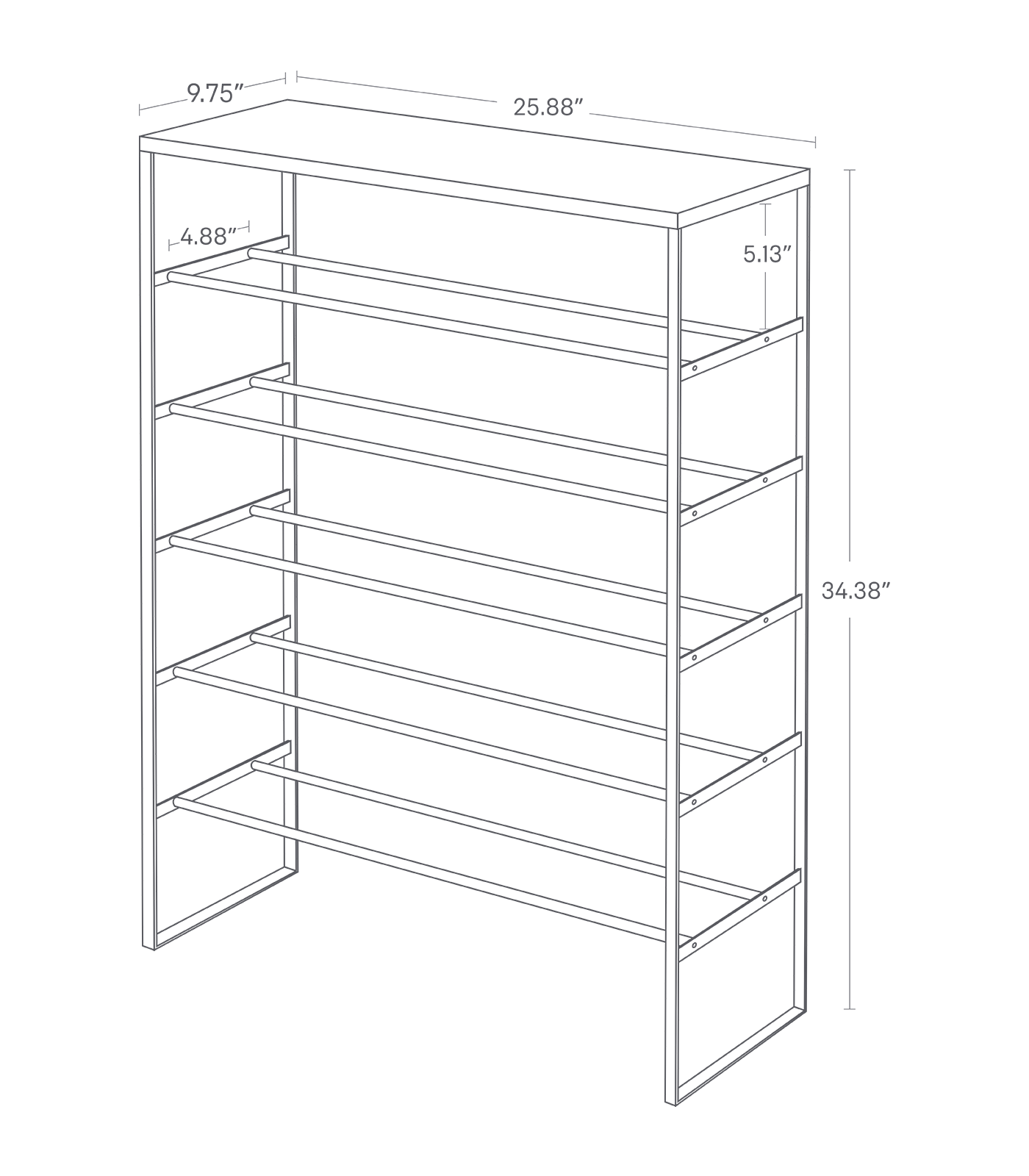 Dimension image for Six-Tier Shoe Rack showing a total height of 34.38 inches, length of 25.88 inches and width of 9.75 inches. Space between rungs are 4.88 inches and space between tiers are 5.13 inches.