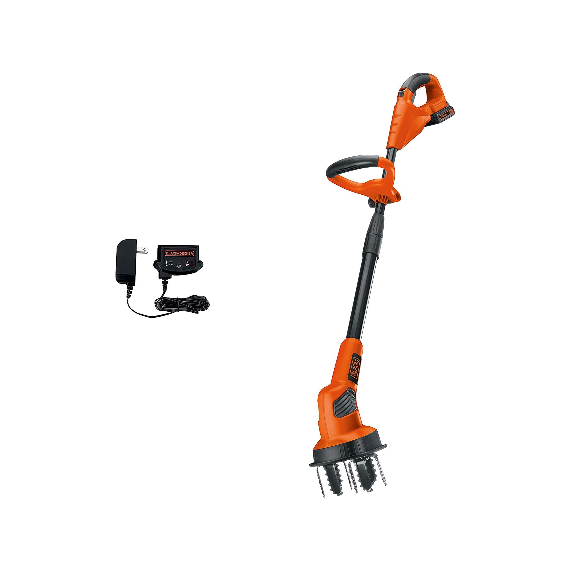 Profile of 20 volt max lithium garden cultivator with battery and charger