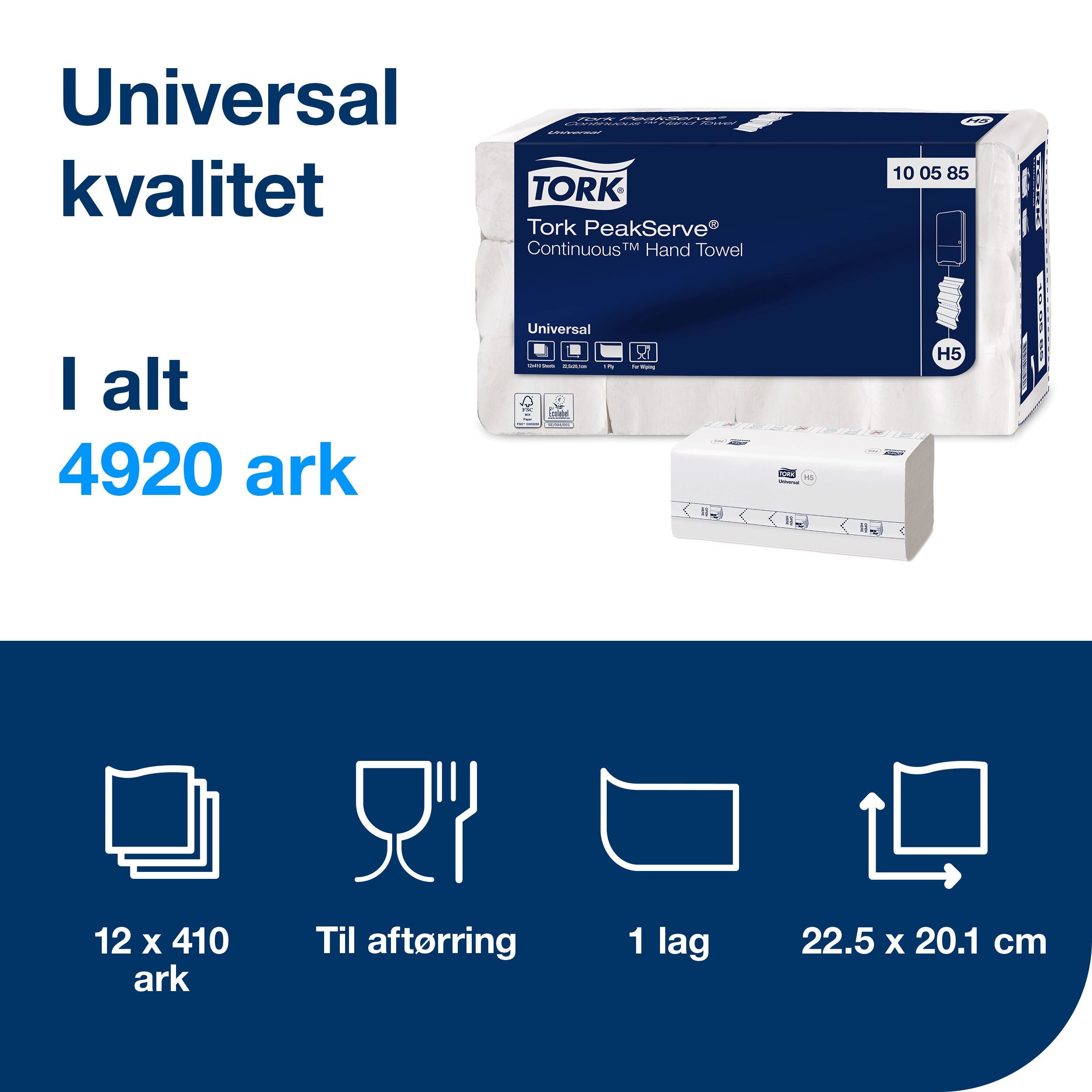 Håndklædeark, 1 lag, Continuous, 4920 ark, Tork PeakServe H5