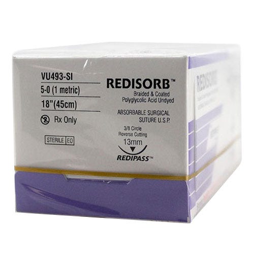 RELI® REDISORB™ Polyglycolic Acid (PGA) Undyed Braided & Coated Suture, 5-0, YP-3 (C-3), Precision Reverse Cutting, 18" - 12/Box