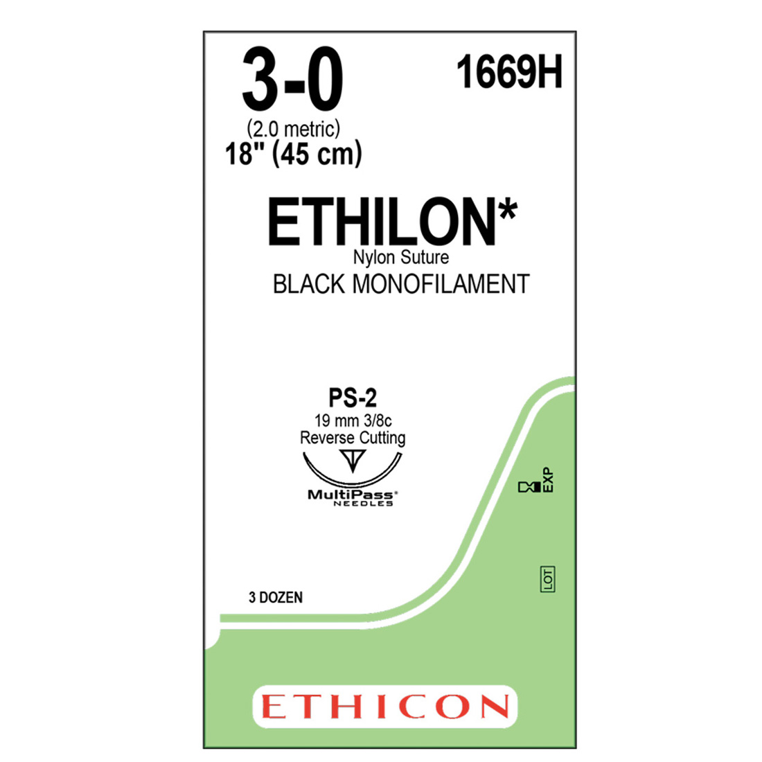 ETHILON® Nylon Black Monofilament Sutures, 3-0, PS-2, Precision Point-Reverse Cutting, 18" - 36/Box
