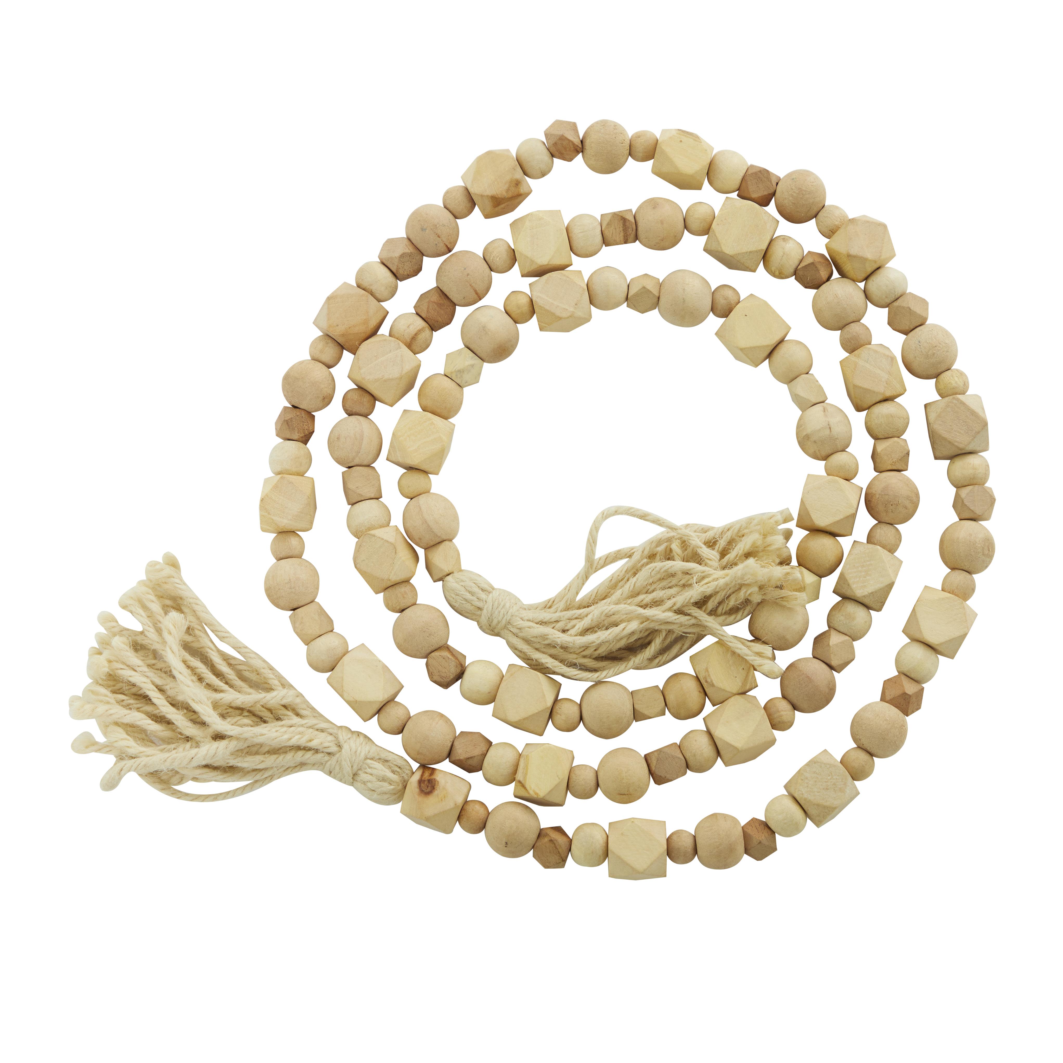 12 pieces) Light Brown Mango Wood  Handmade Hexagon Carved Geometric Long Beaded Garland with Tassel, 80\" x 1\" x 1\"