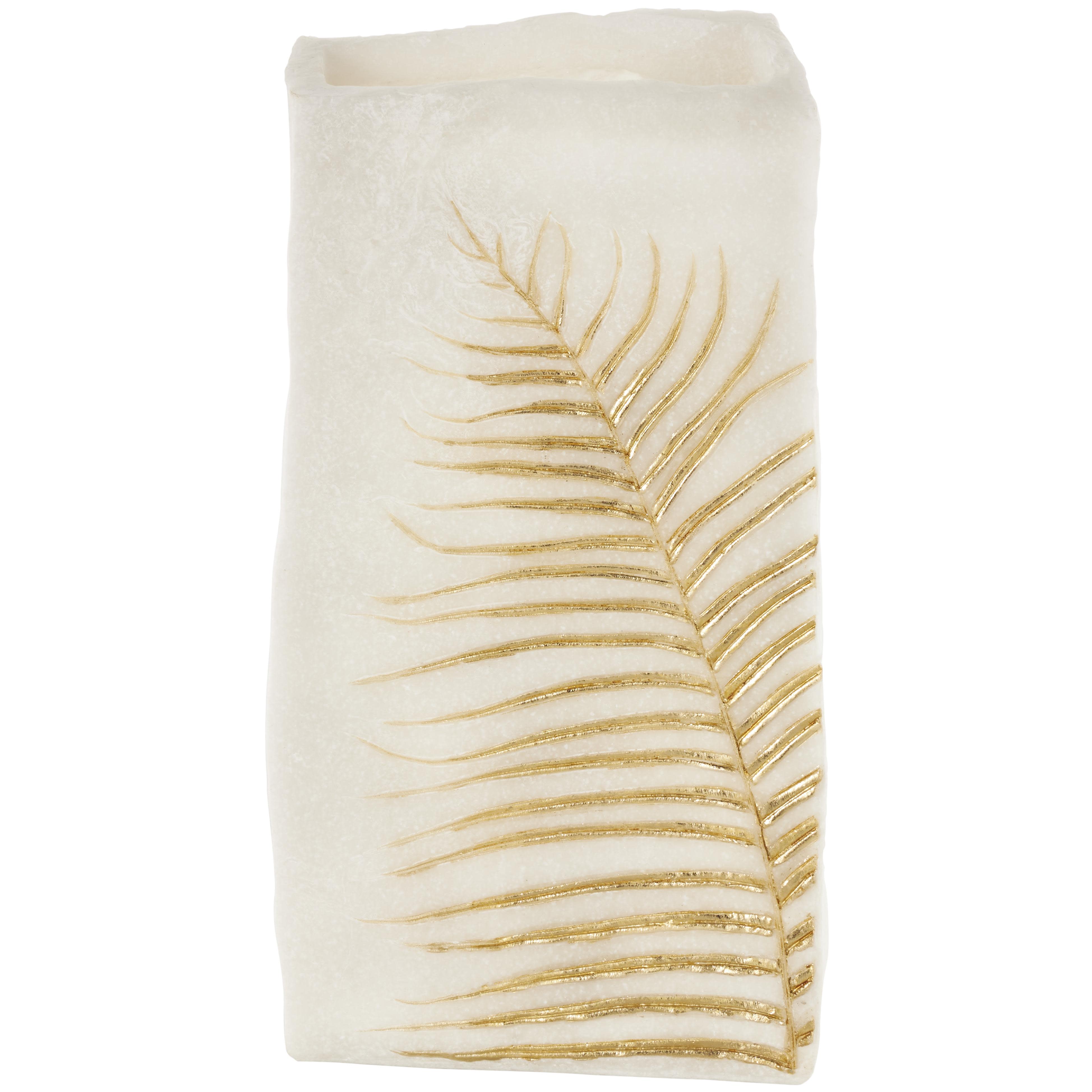 White Polystone Leaf Decorative Vase with Gold Leaf Imprint, 7" x 4" x 13"