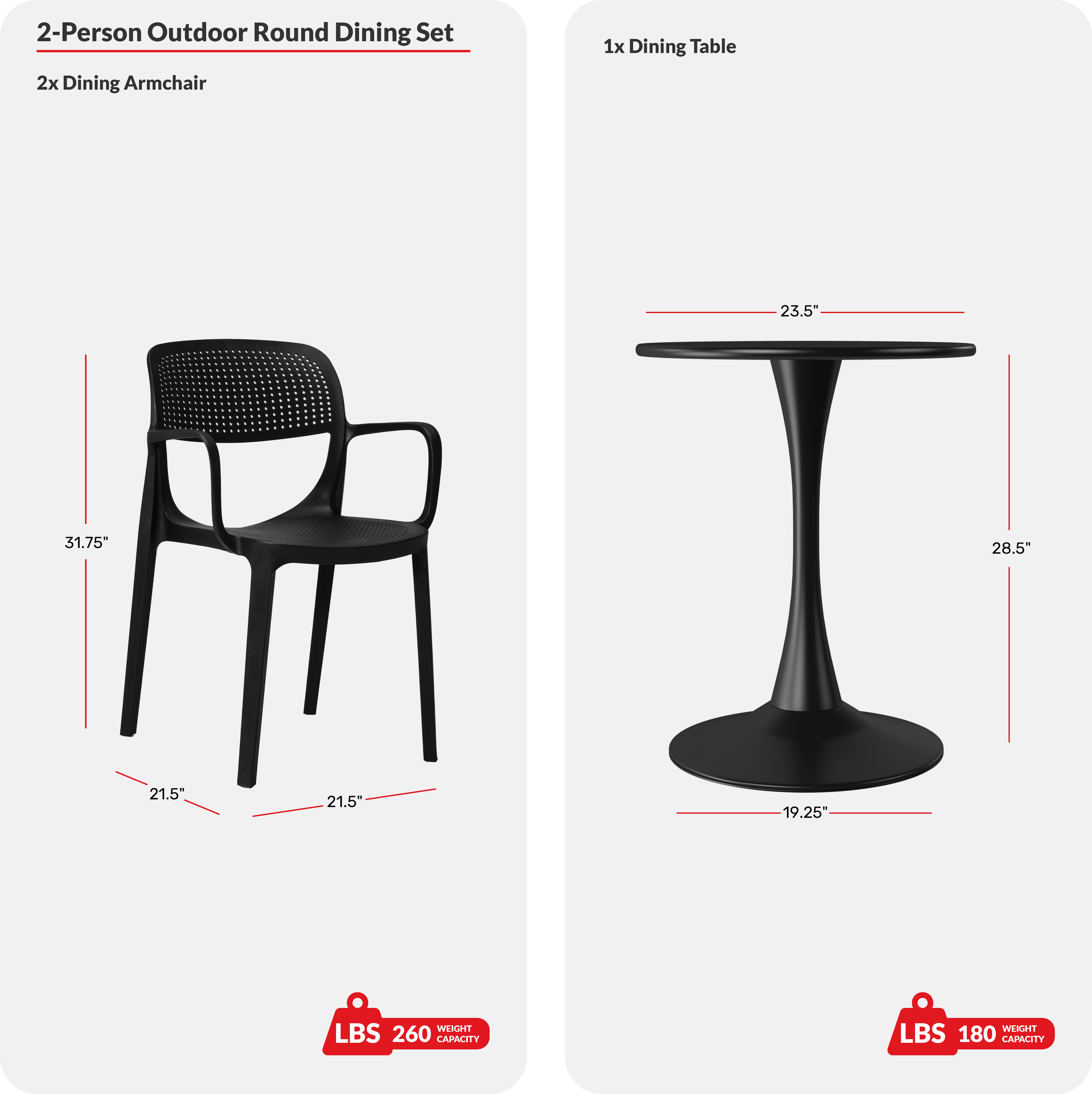 3-Piece Round Metal Bistro Dining Table Set And Stackable Resin Patio Dining Arm Chairs COS Spec Image
