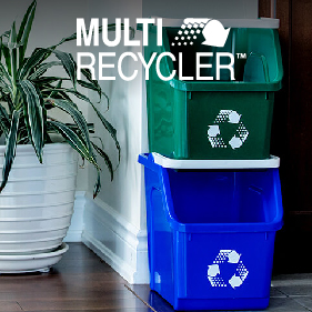 stackable blue and grey handheld recycling bins with white handle and printed mobius loop icon sitting on kitchen floor