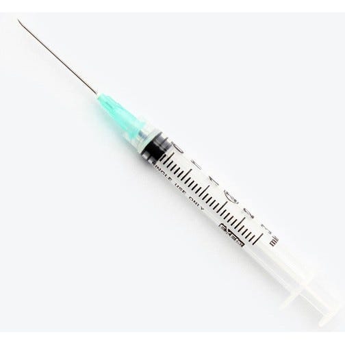 3 cc Syringe w/21ga x 1 1/2" Needle, Luer Lock Tip, Green Hub - 100/Box