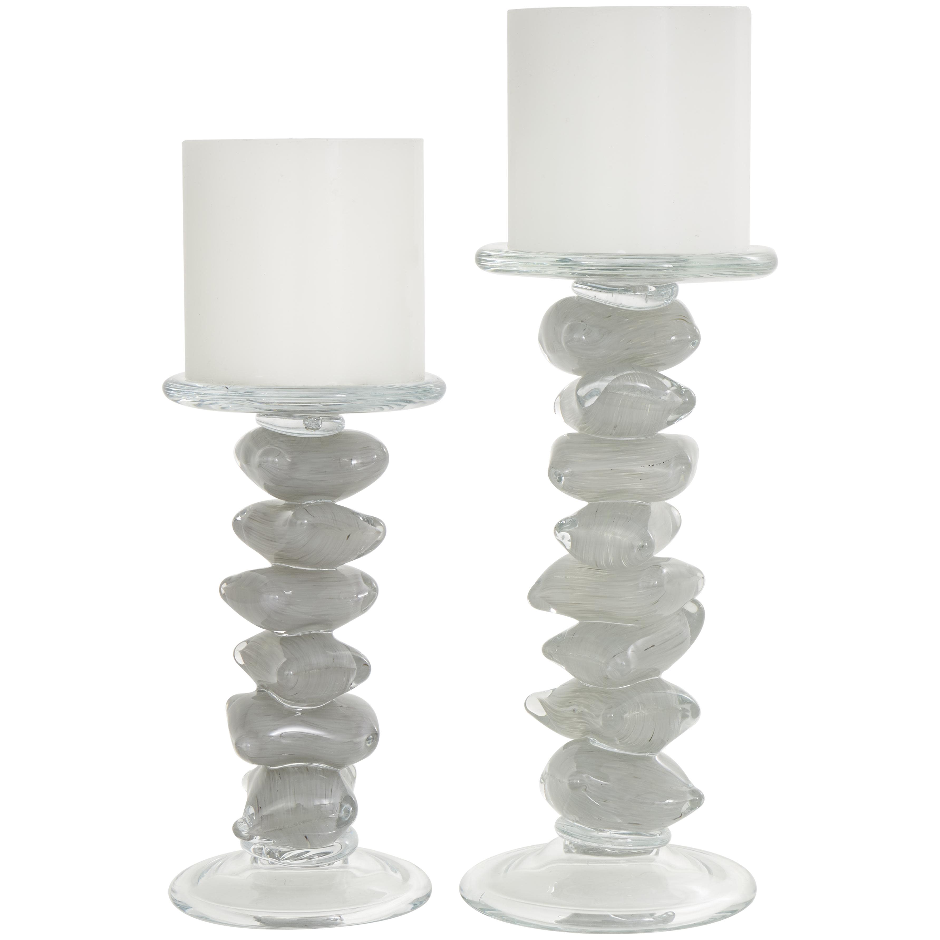 Clear Glass  Handmade Stacked Stone Decorative Candle Holder, Set of 2 11", 9"H