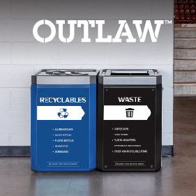 large capacity blue and black recycling and waste bins with brushed pewter effect lids including large body signs in a sports stadium