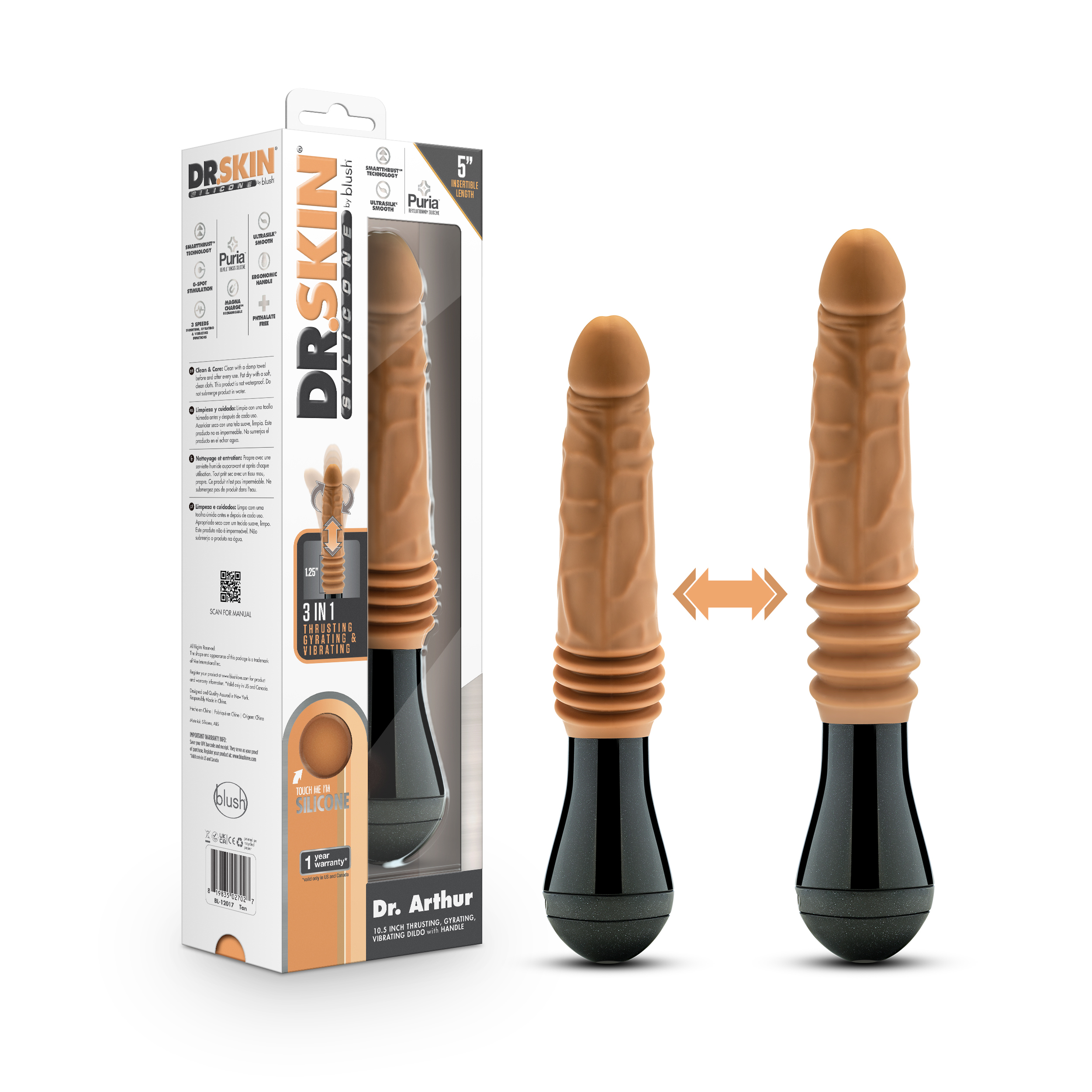 Blush Dr. Skin Silicone Dr. Arthur Large 10.5 Inch Vibrating, Gyrating And Thrusting Dildo in Tan ? Made With Puria? Platinum Cured Silicone