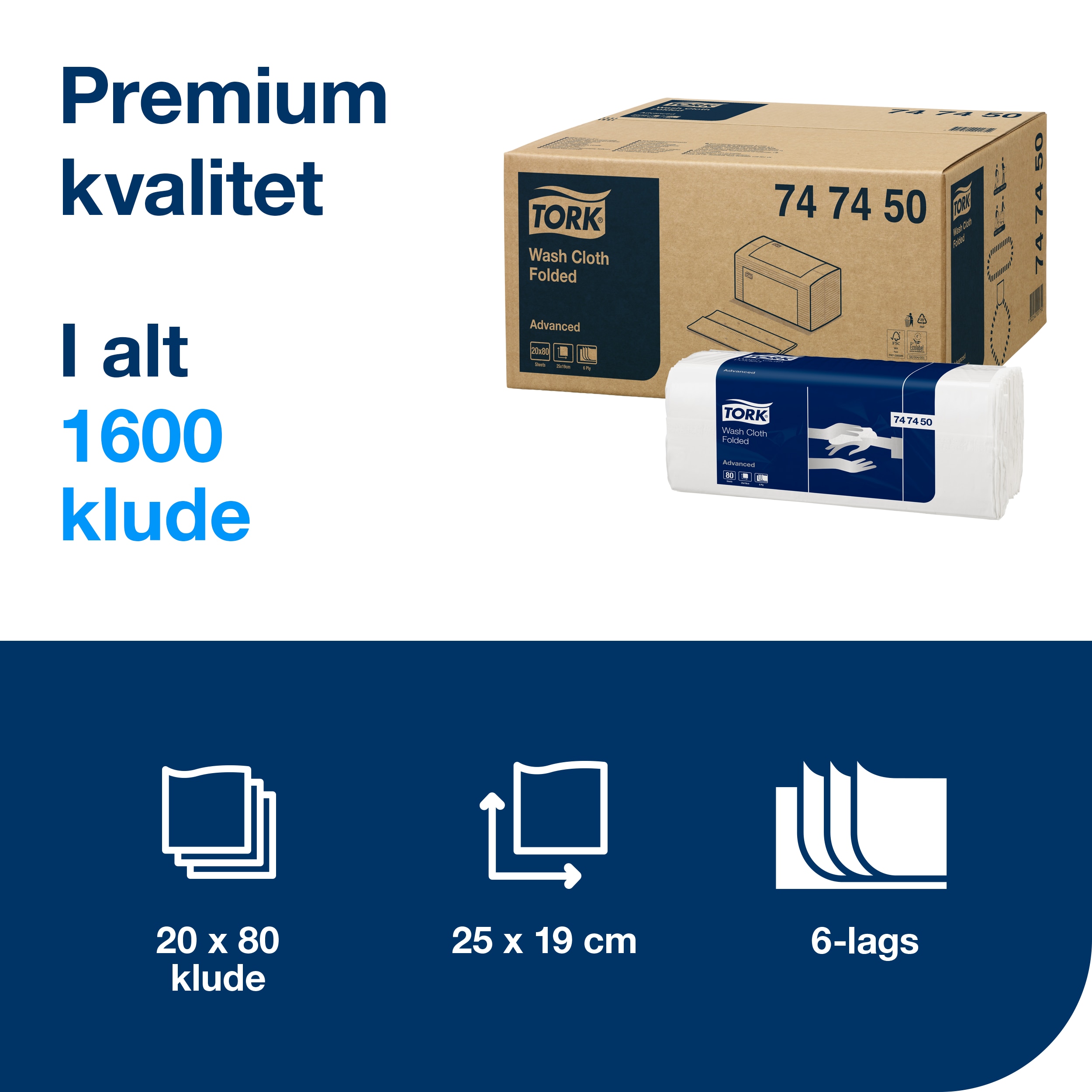 Vaskeklud, Papir, 25x19 cm, 20 pakker af 80 klude, Tork Advanced H3