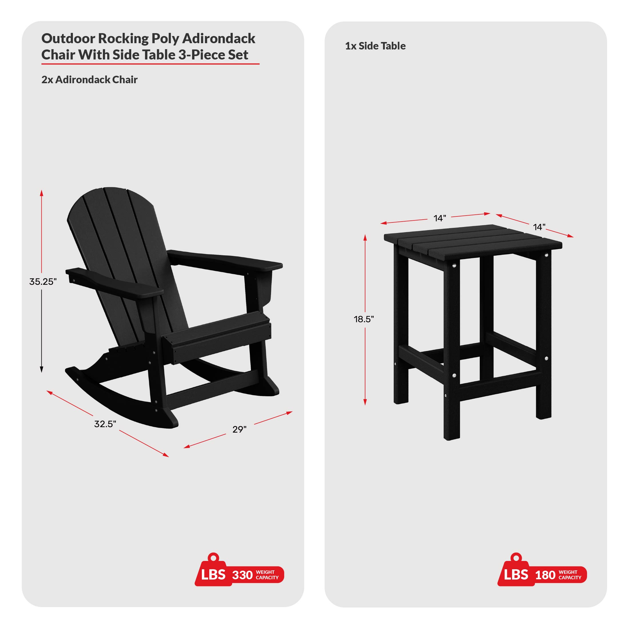 3-Piece set Outdoor / Patio Poly Adirondack rocking chairs with a side table ( 2 seater )COS Spec Image