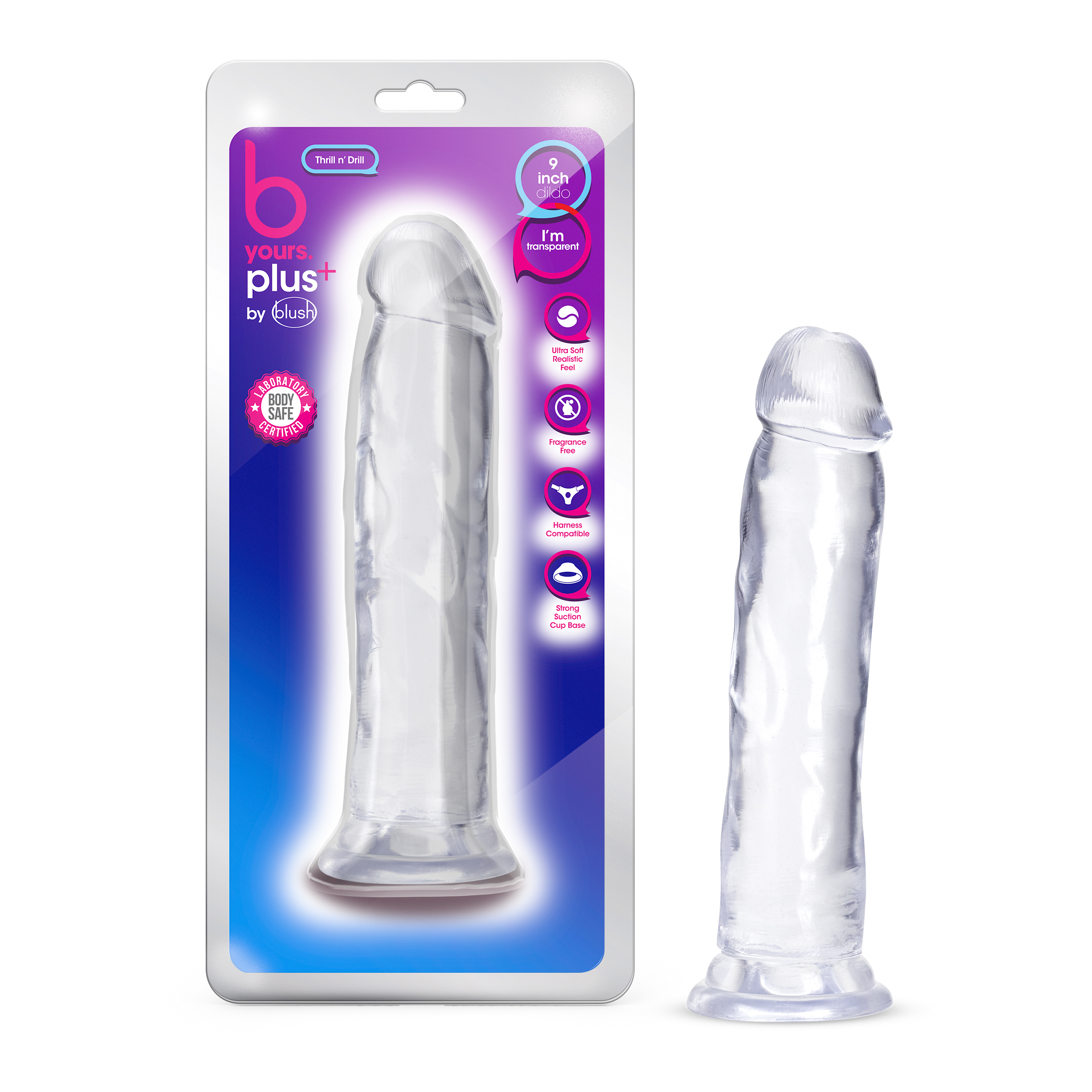 Blush B Yours Plus Thrill N? Drill Realistic Clear 9.5-Inch Long Dildo With Suction Cup Base