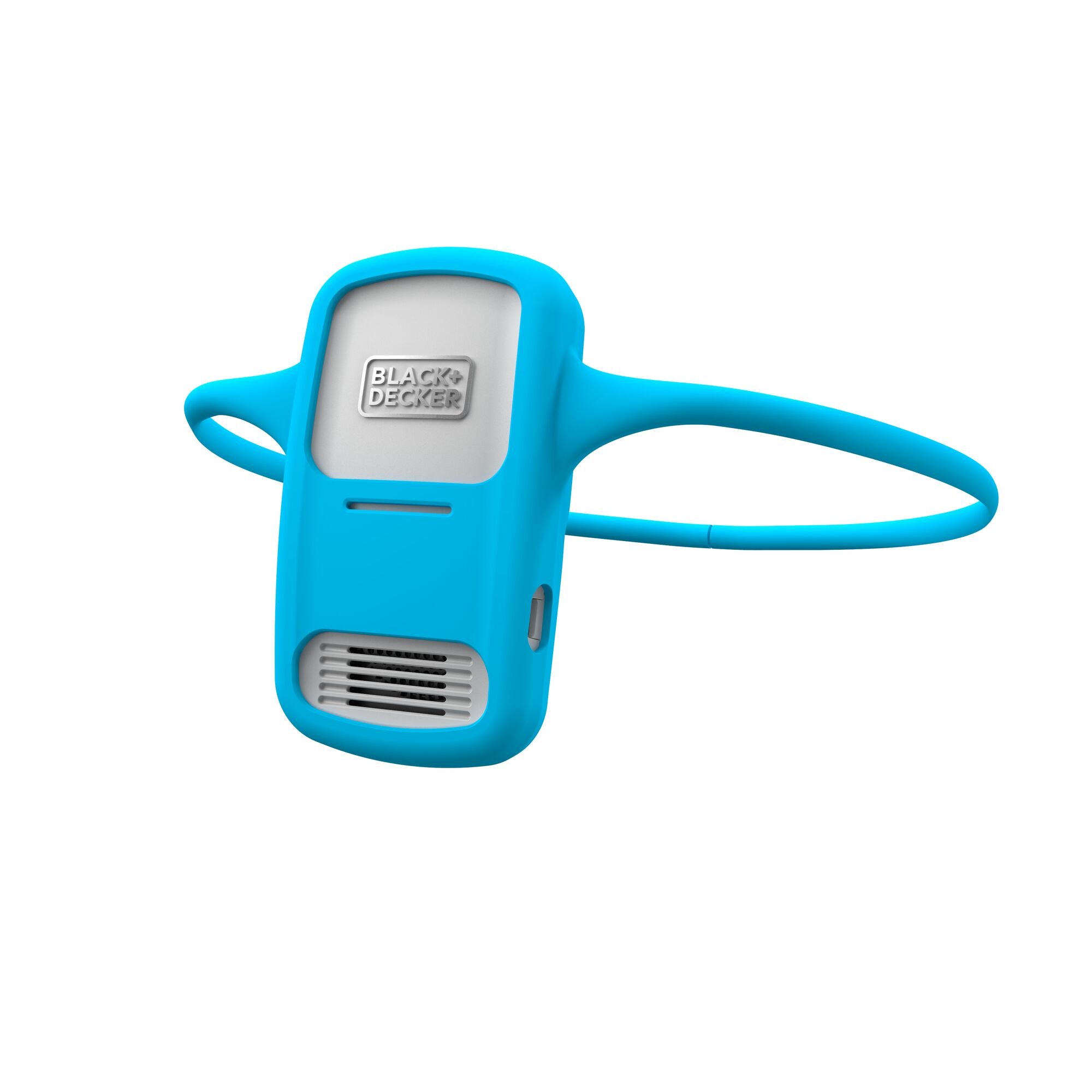 3/4 view of comfortpak™ corldess wearable cooling + heating device in a breeze blue lanyard