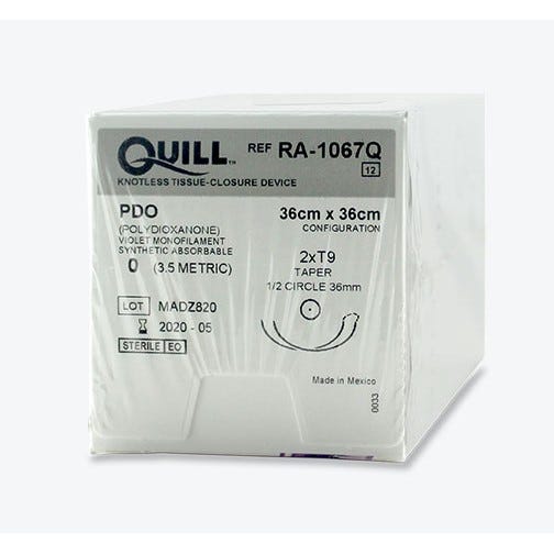 Quill PDO  Violet Monofilament Sutures, 0, 36mm 1/2 Circle, Taper Point, 36cm x 36cm Barb Configuration -12/Box