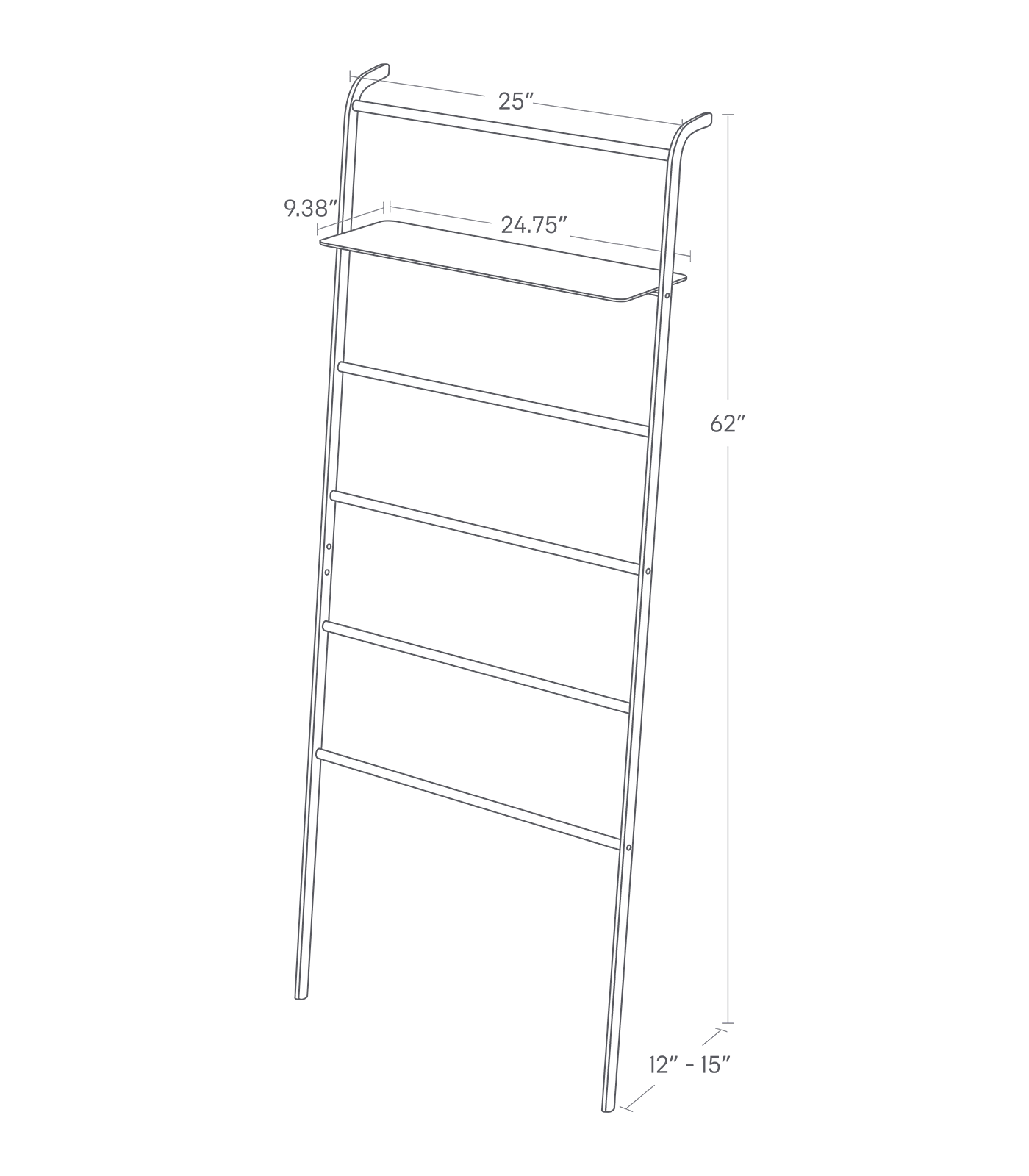 Dimension image for Leaning Storage Ladder - Two Styles on a white background including dimensions  L 9.84 x W 25.98 x H 62.99 inches
