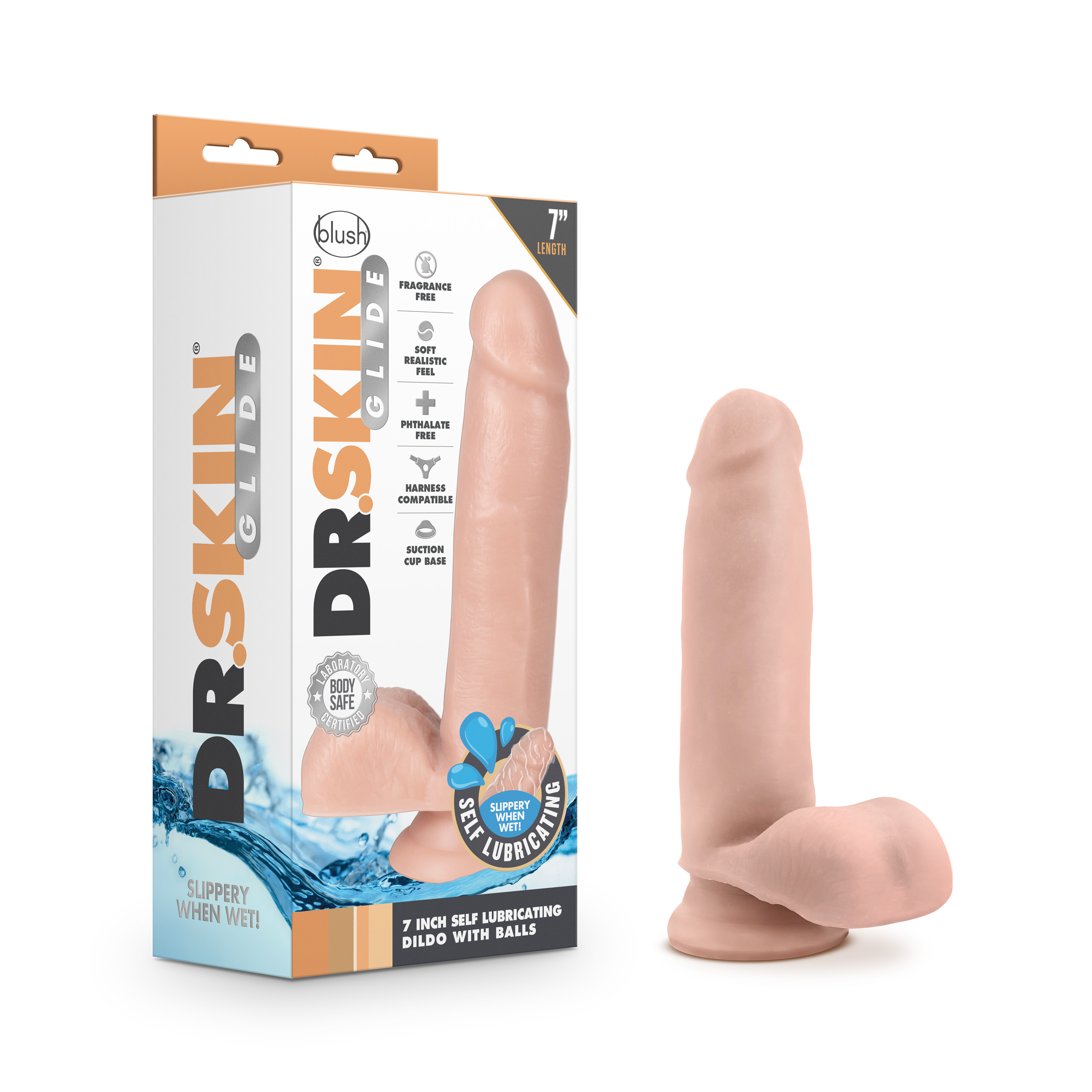 Blush Dr. Skin Glide Realistic Vanilla 7-Inch Long Dildo With Balls & Suction Cup Base