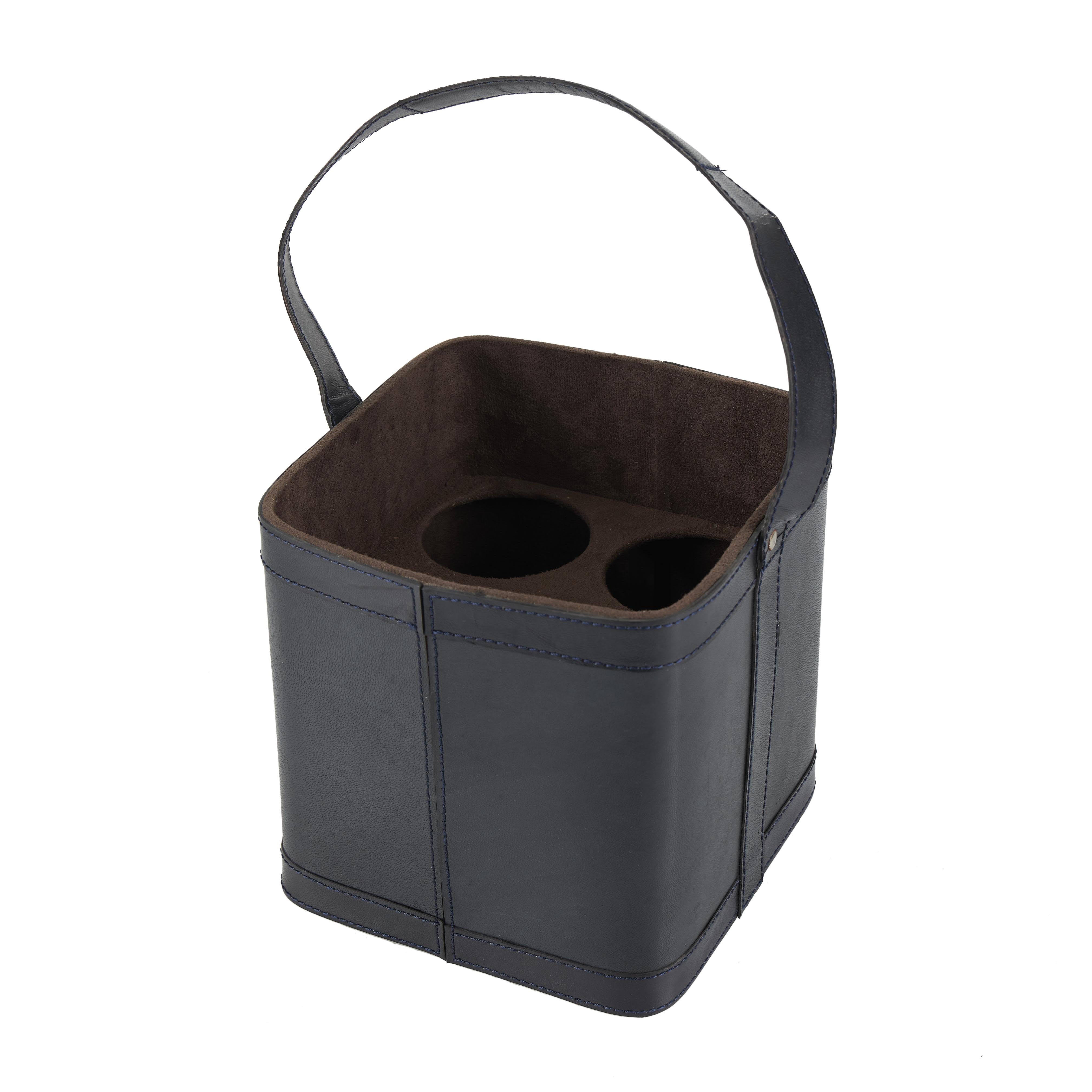 Dark Blue Leather  Handmade 4 Bottle Wine Holder with Carrying Handle, 9" x 9" x 17"