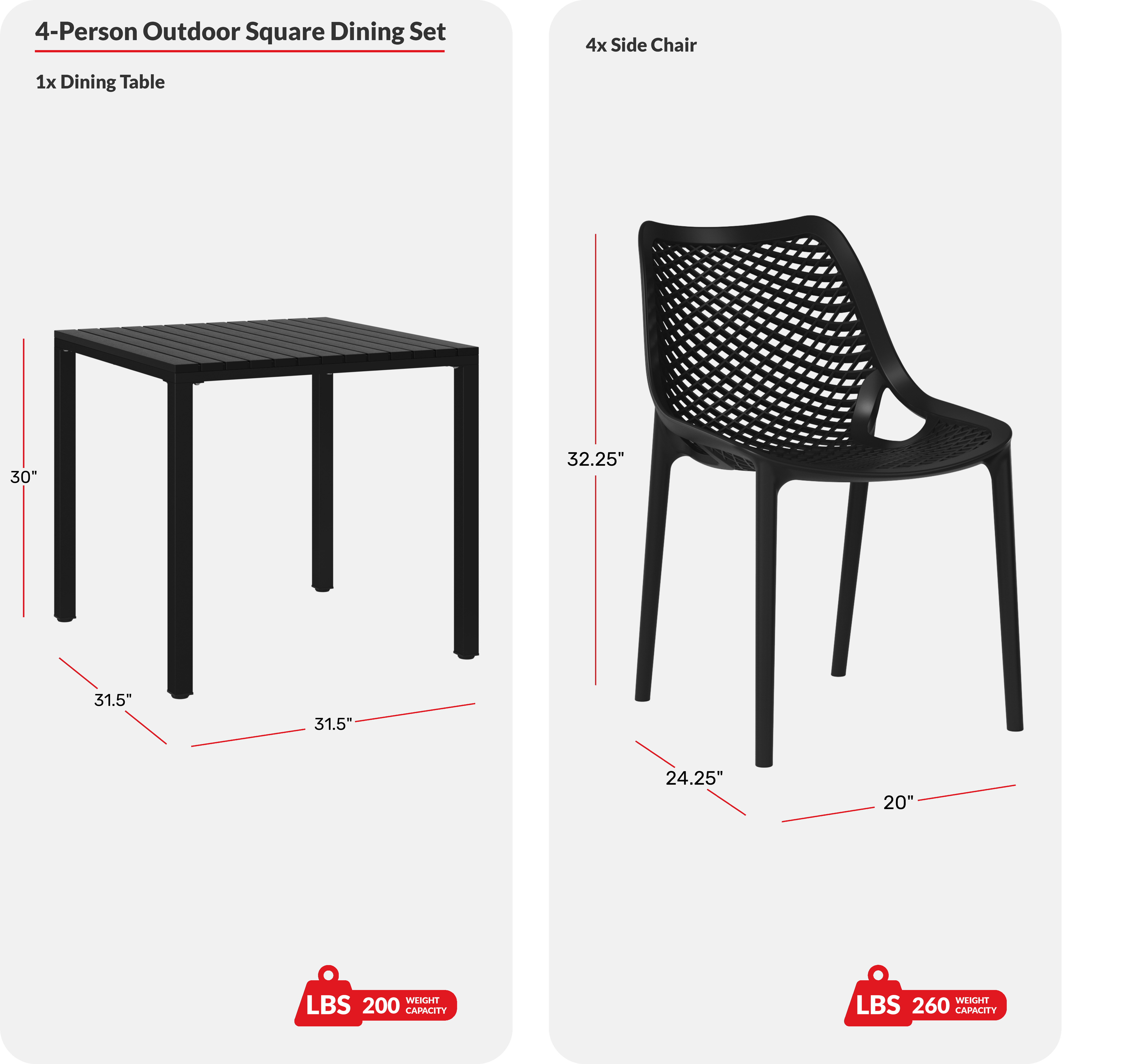 5-Piece Outdoor Patio Metal Frame Dining Table Set with Stackable Patio Dining ChairsCOS Spec Image