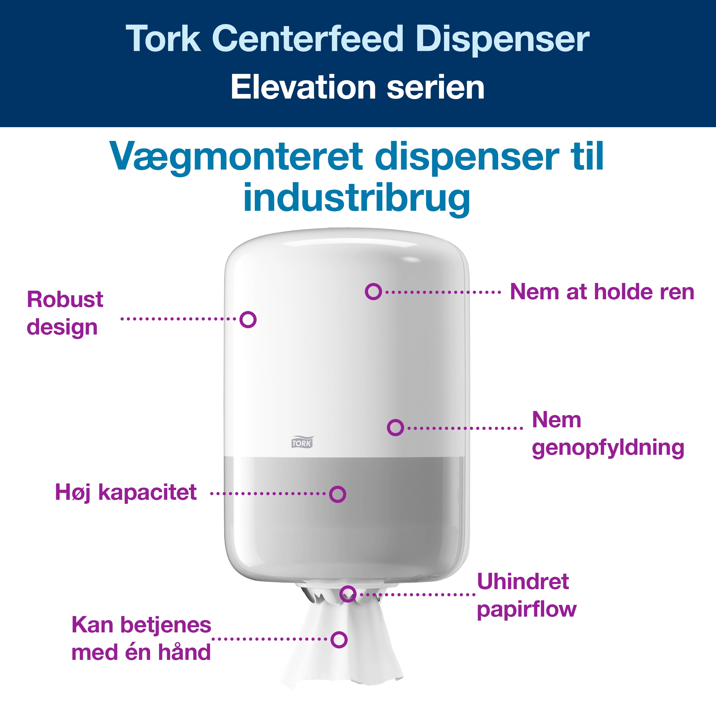 Aftørringsdispenser, Til aftørringsruller, Centerfeed, Hvid, Tork Midi M2