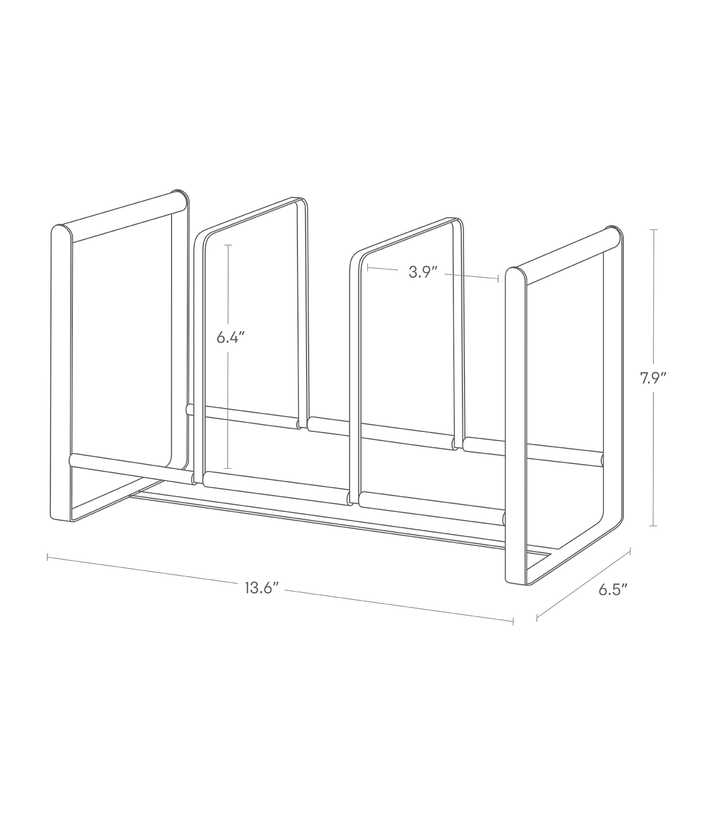 Dimension image for Vertical Plate Organizer showing height of 7.9", length of 6.5", width of 13.6" and 6.4" for the middle bar height and 3.9" for between bars.