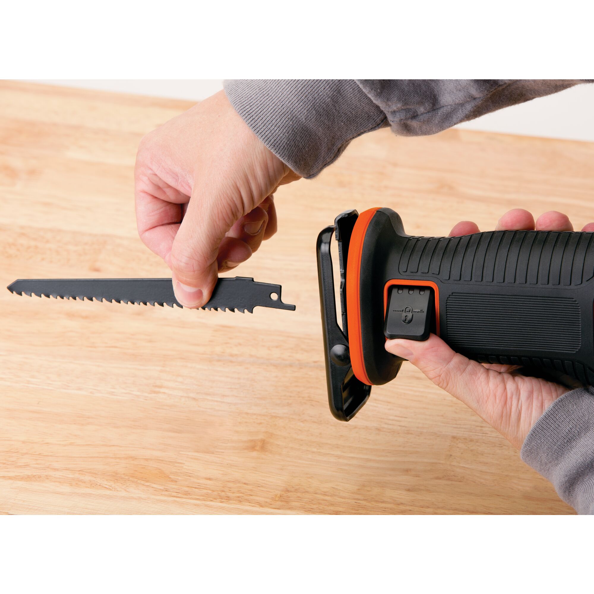 Adjustable blade feature of a cordless reciprocating saw.