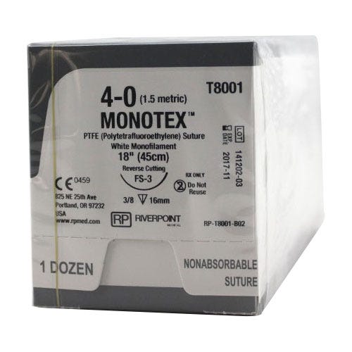 MONOTEX® PTFE (Polytetrafluoroethylene) White Monofilament Non-Absorbable Sutures, 4-0, FS-3, Reverse Cutting, 18" - 12/Box
